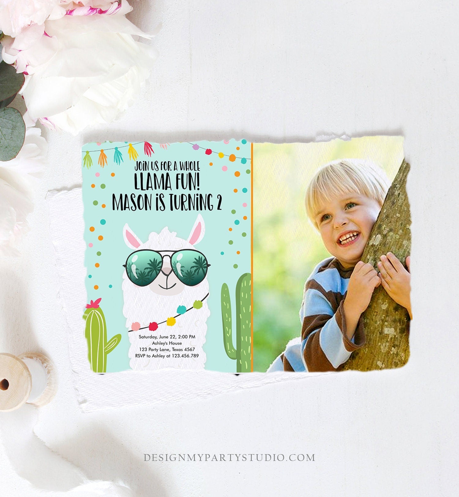 Editable Whole Llama Fun Birthday Invitation Llama Fiesta Cactus Confetti Boy Blue Alpaca Photo Download Printable Template Corjl 0079