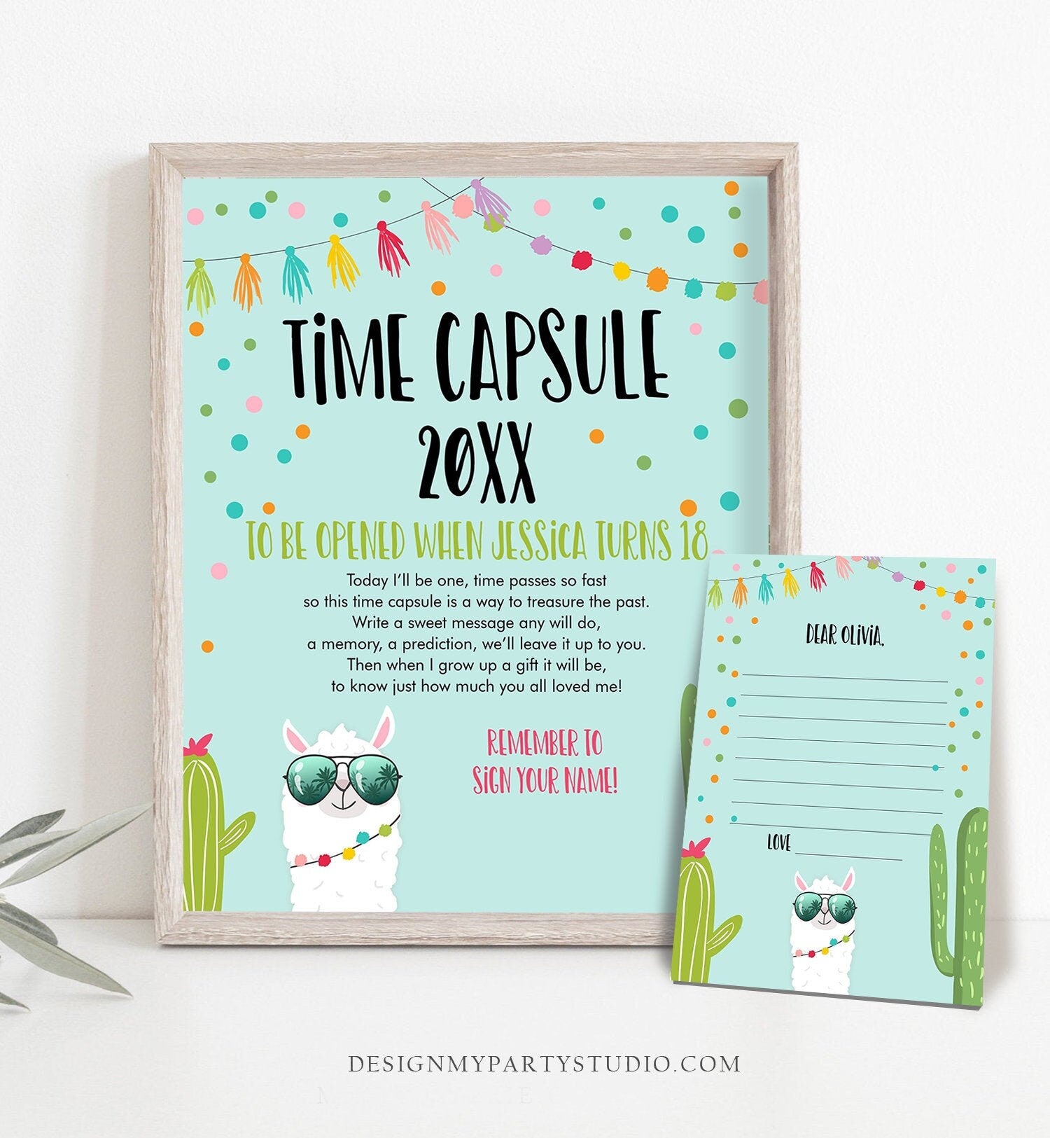 Editable Llama Time Capsule Birthday Fiesta Llama Sunglasses Guestbook Wishes for Baby Shower Boy Blue Alpaca Corjl Template Printable 0079