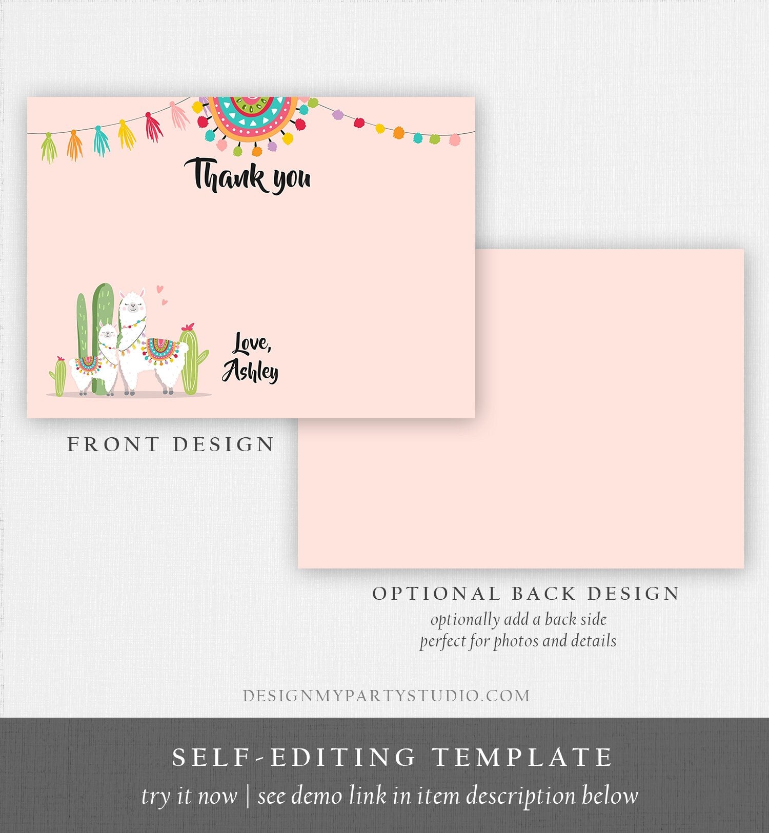 Editable Llama Thank You Card Fiesta Mexican Baby Shower Thank You Note Birthday Cactus Pink Girl Alpaca Corjl Template Printable 0079