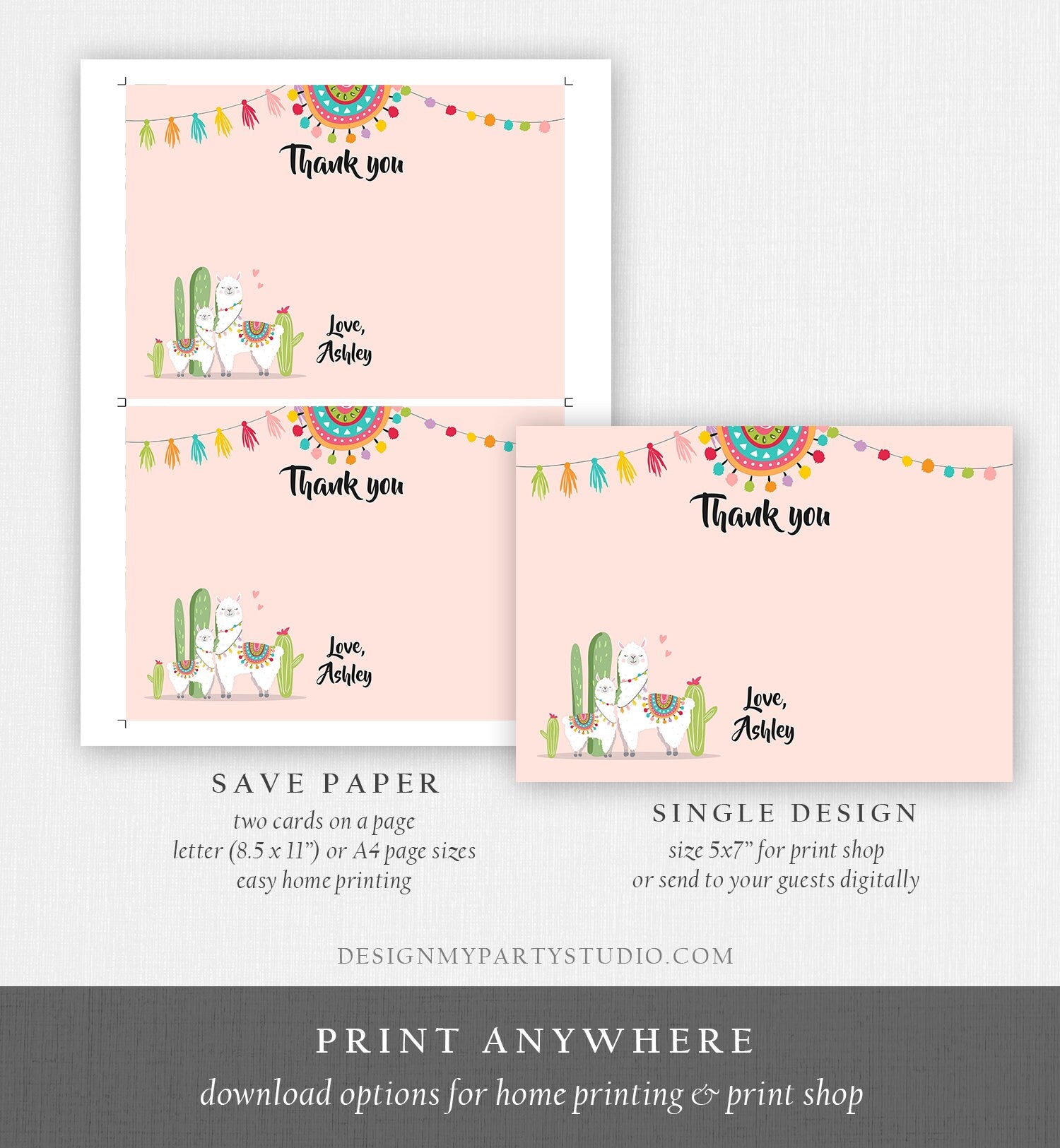 Editable Llama Thank You Card Fiesta Mexican Baby Shower Thank You Note Birthday Cactus Pink Girl Alpaca Corjl Template Printable 0079