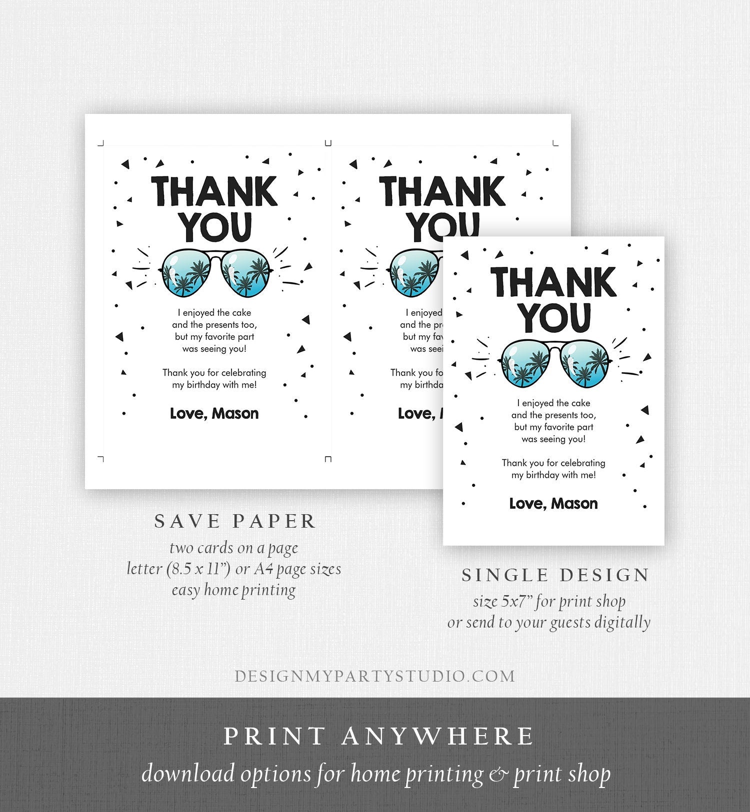 Editable Cool Thank You Card Birthday Boy Sunglasses Two Cool One Cool Dude Birthday Party 2nd Download Corjl Template Printable 0136