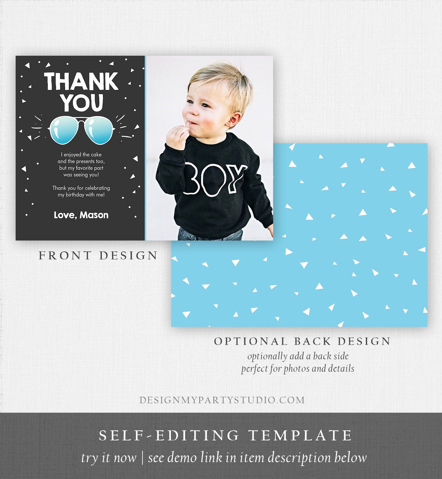 Editable Thank You Card Two Cool Birthday Boy Pilot Sunglasses Second Birthday Party Note 2nd Chalk Photo Digital Template Printable 0136