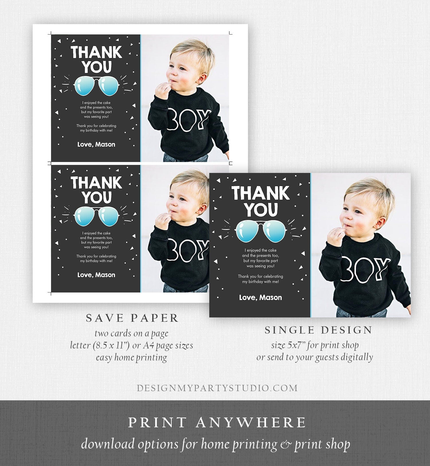 Editable Thank You Card Two Cool Birthday Boy Pilot Sunglasses Second Birthday Party Note 2nd Chalk Photo Digital Template Printable 0136