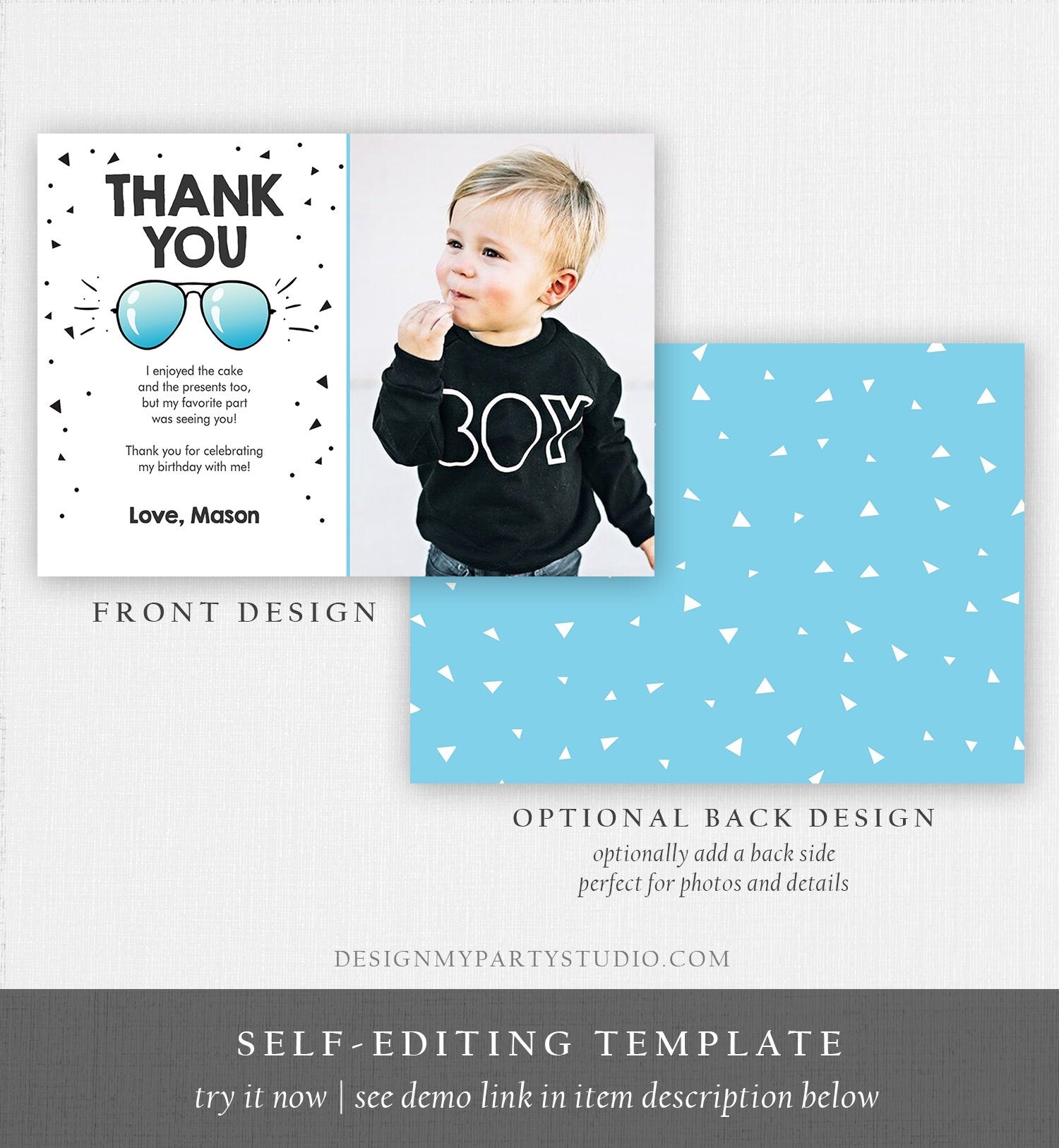 Editable Thank You Card Two Cool Birthday Boy Pilot Sunglasses Second Birthday Party Note 2nd White Photo Digital Template Printable 0136