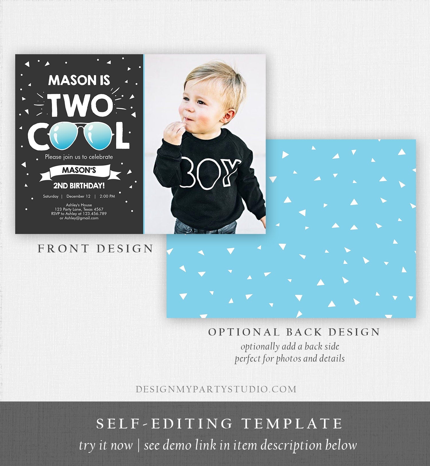 Editable Two Cool Birthday Invitation Boy Second Birthday Party 2nd I'm Two Cool Pilot Sunglasses Chalk Photo Printable Corjl Template 0136