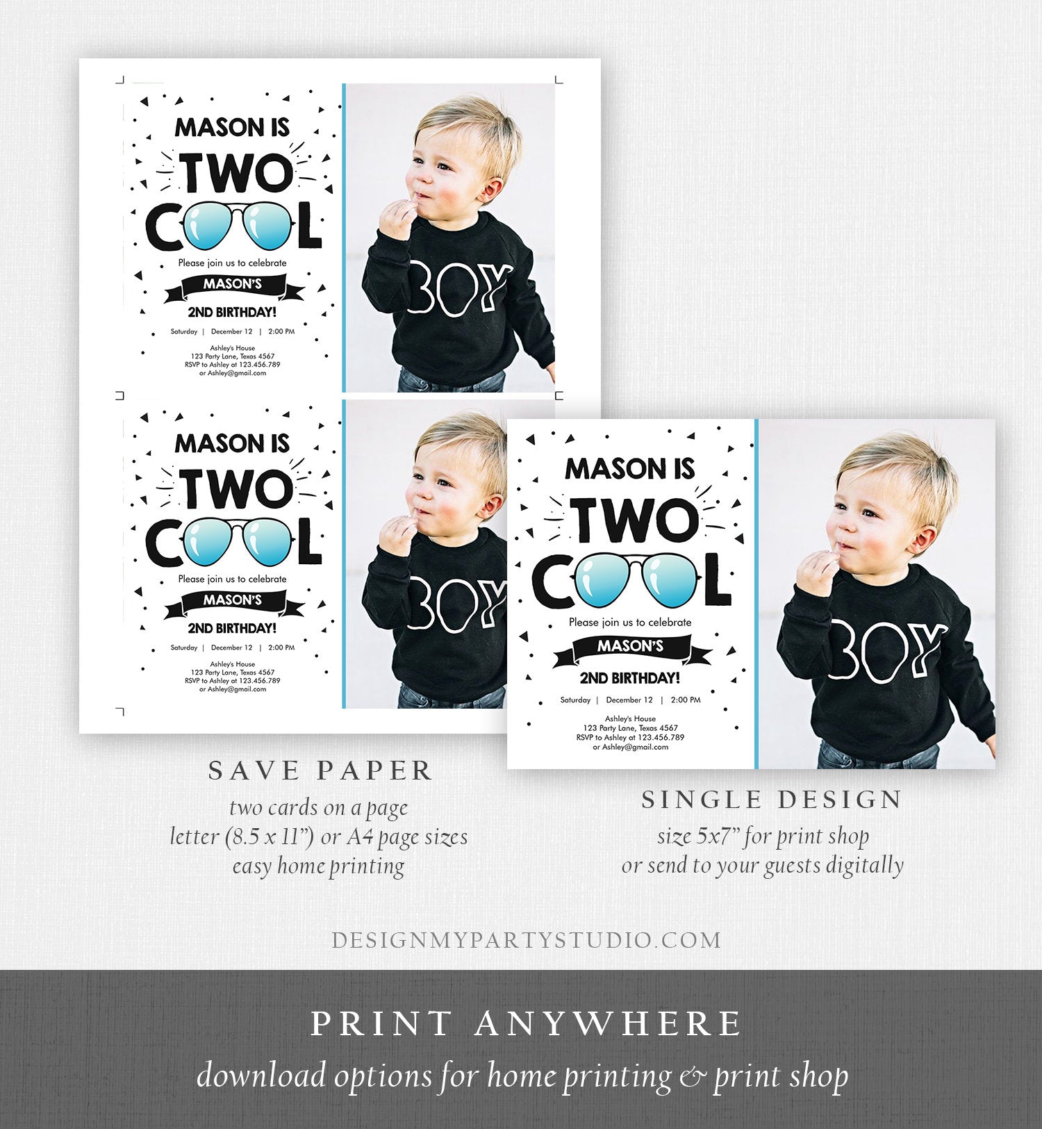 Editable Two Cool Birthday Invitation Boy Second Birthday Party 2nd I'm this Many I'm Two Cool Sunglasses Printable Corjl Template 0136