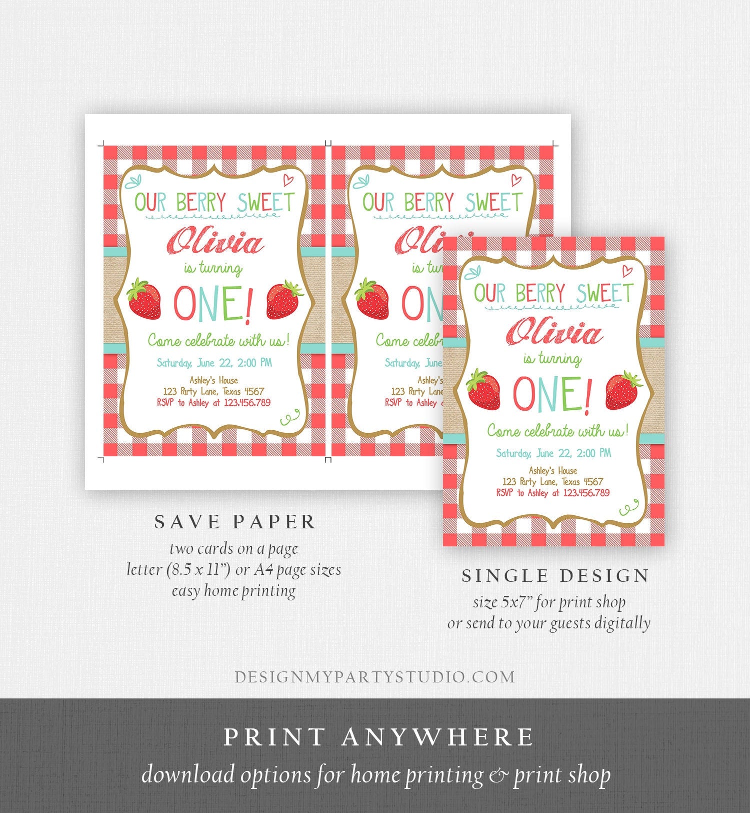 Editable Strawberry Birthday Invitation First Birthday Farmers Market Girl Red Blue Download Printable ANY AGE Template Corjl Digital 0091