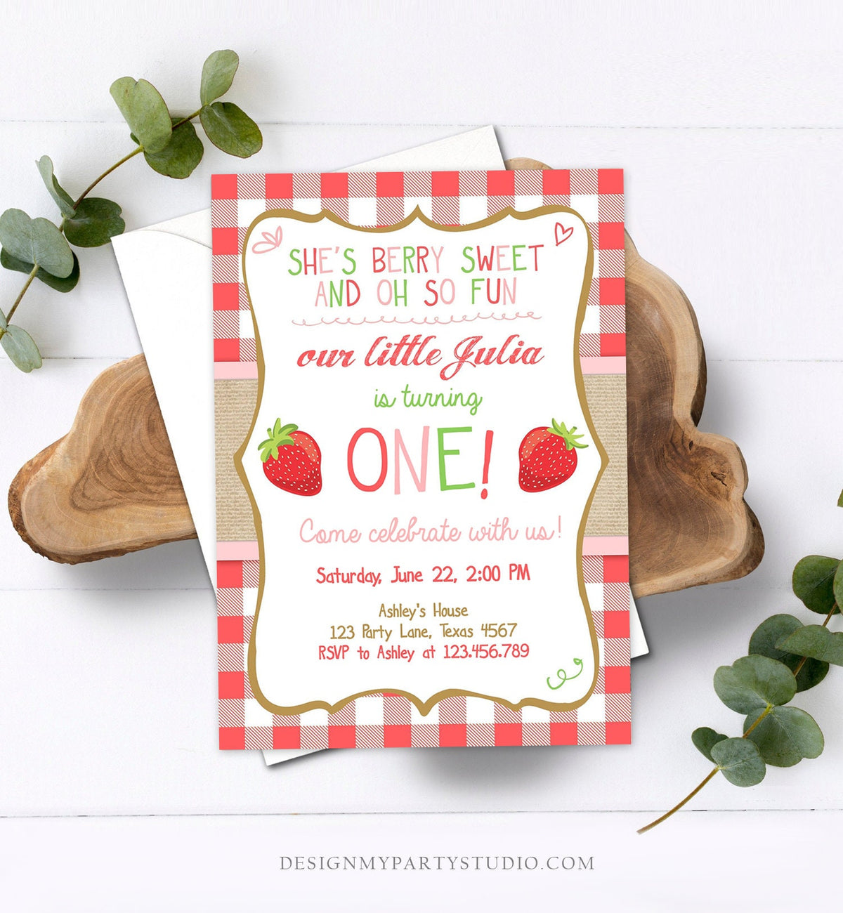 Editable Strawberry Birthday Invitation First Birthday Farmers Market Girl Pink Download Printable ANY AGE Template Corjl Digital 0091