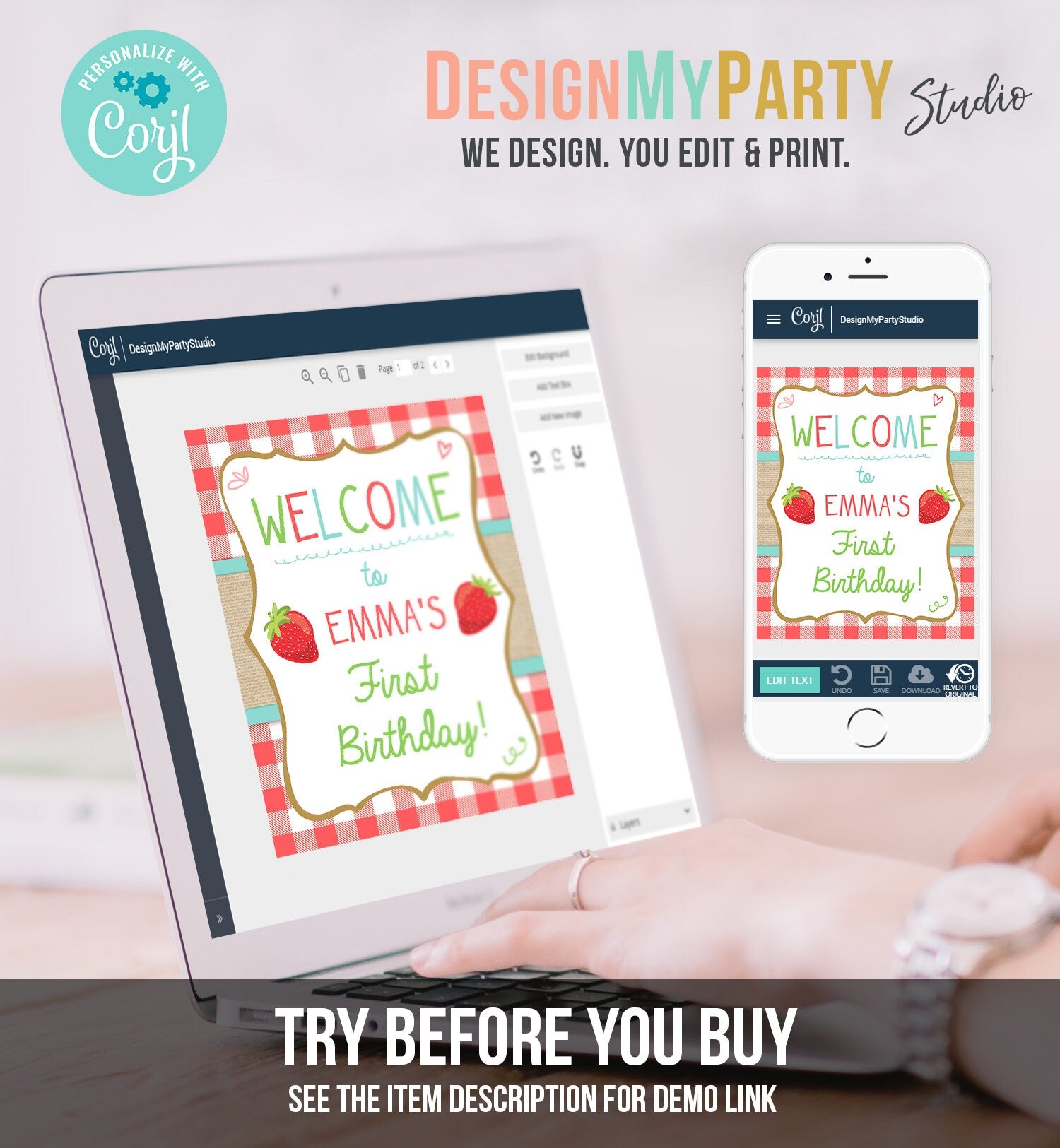 Editable Strawberry Welcome Sign Strawberry Birthday Party Welcome Farmers Market Girl Summer Red Blue Berry Template PRINTABLE Corjl 0091