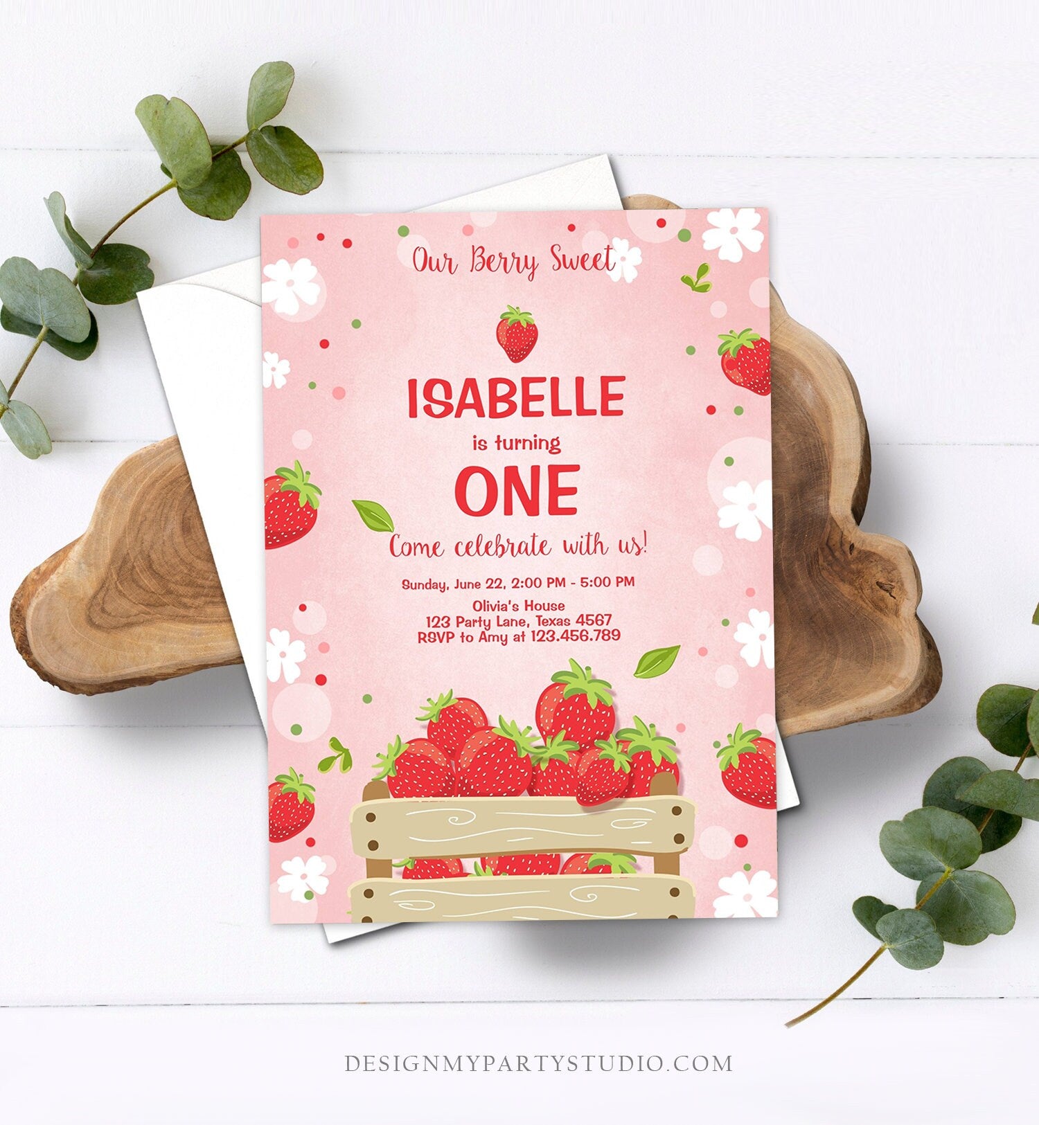 Editable Strawberry Birthday Invitation Berry Sweet Girl Farmers Market Download Printable Invitation ANY AGE Template Digital Corjl 0091