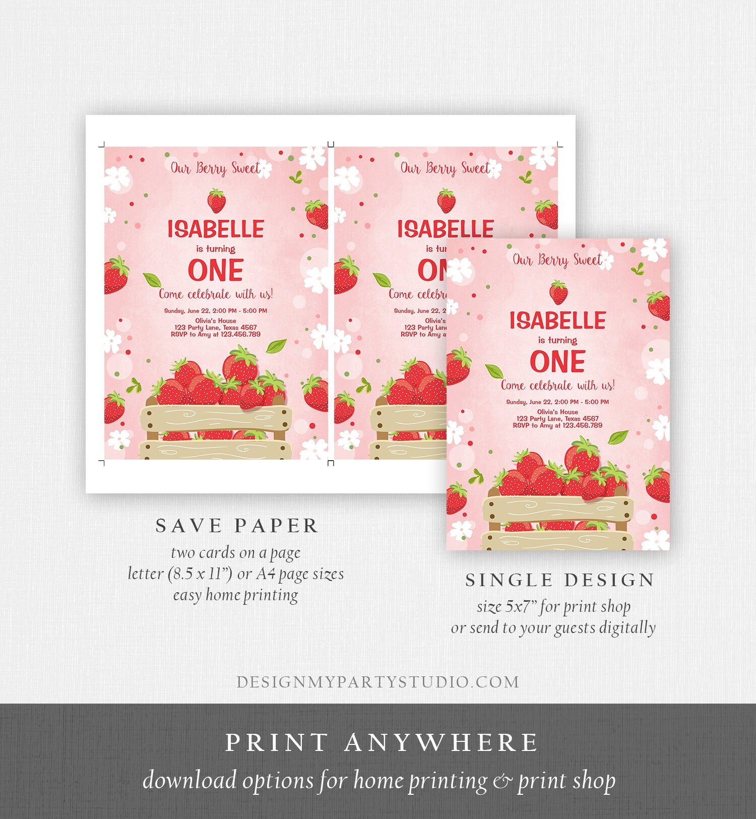 Editable Strawberry Birthday Invitation Berry Sweet Girl Farmers Market Download Printable Invitation ANY AGE Template Digital Corjl 0091