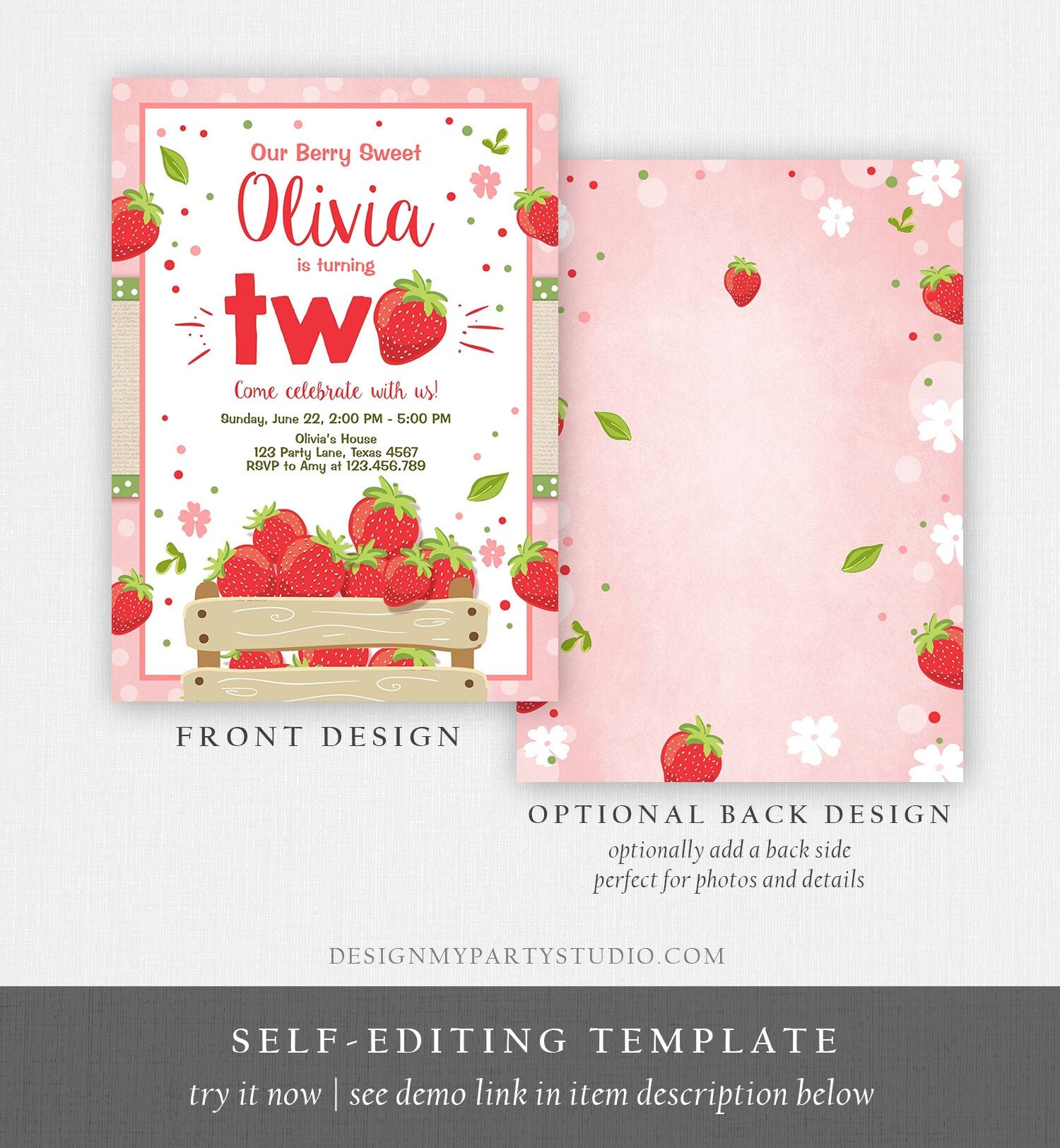 Editable Strawberry Birthday Invitation Second Birthday Berry Two Sweet Girl Summer Farm Download Printable Template Digital Corjl 0091