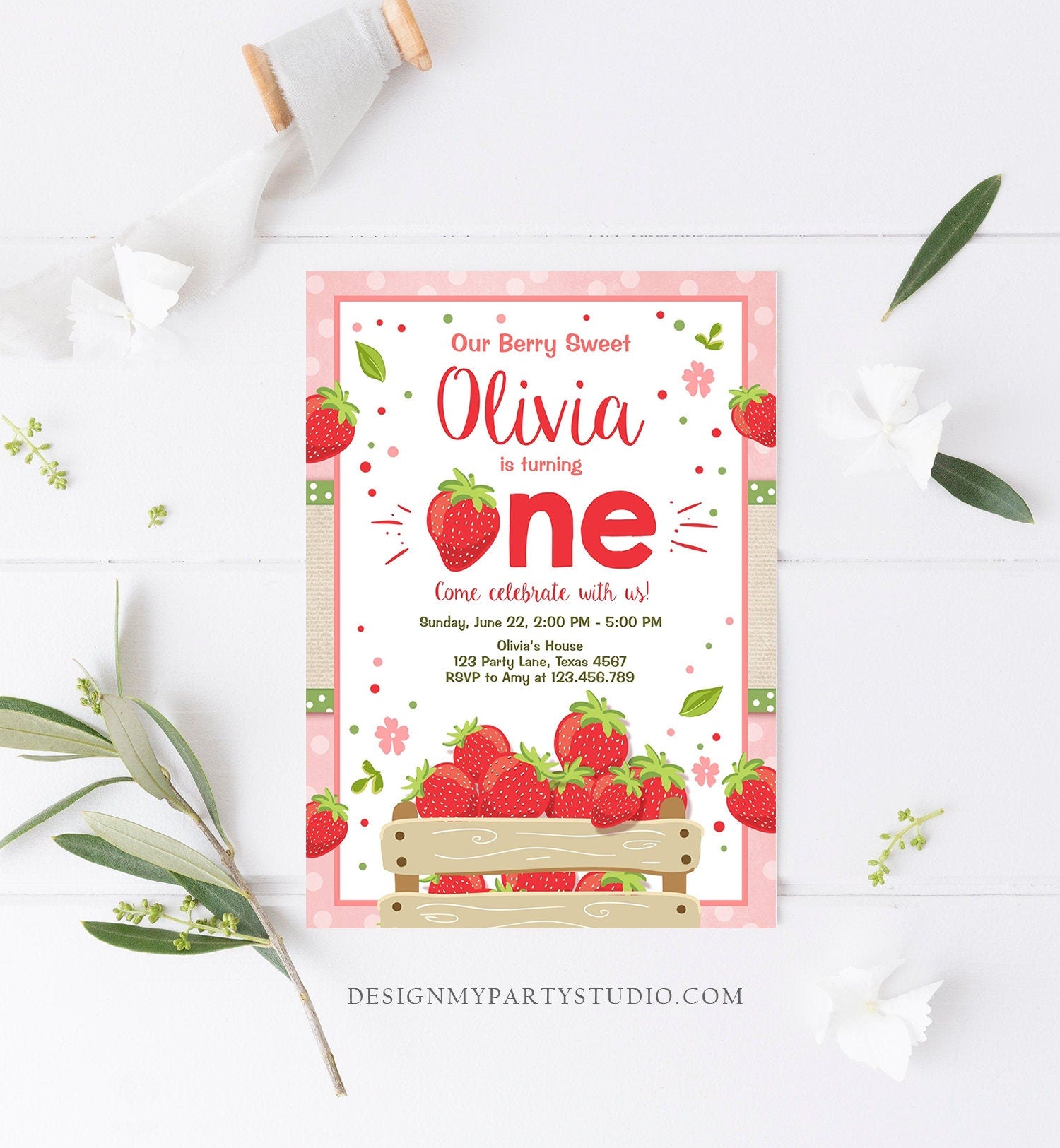 Editable Strawberry Birthday Invitation Girl First Birthday Berry Sweet Pink Download Printable Invitation Template Digital Corjl 0091