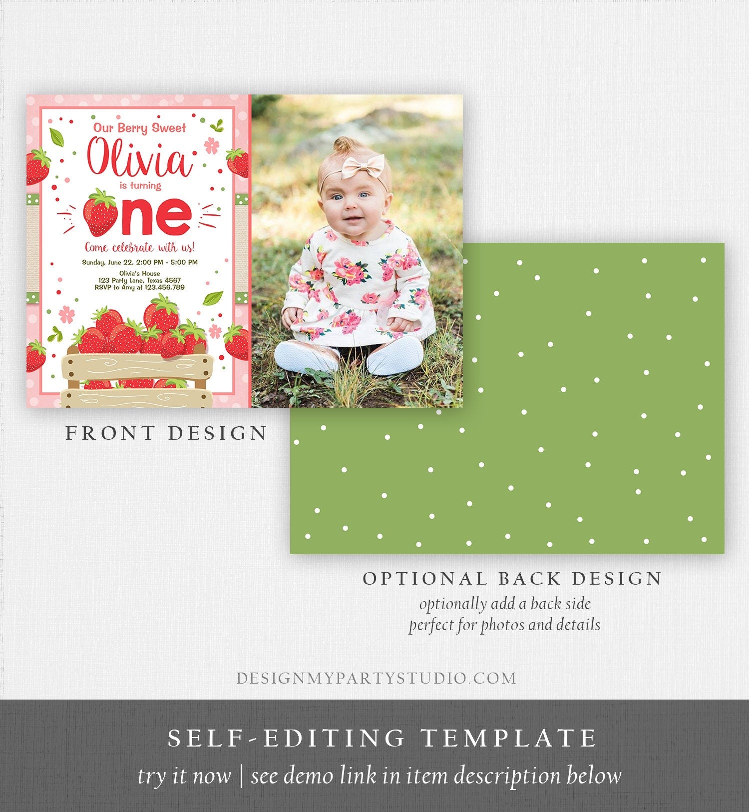 Editable Strawberry Birthday Invitation Girl First Birthday Berry Sweet Pink Download Printable Invitation Template Digital Corjl 0091