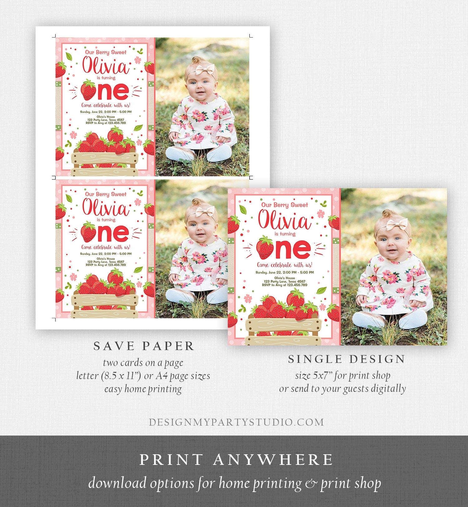 Editable Strawberry Birthday Invitation Girl First Birthday Berry Sweet Pink Download Printable Invitation Template Digital Corjl 0091