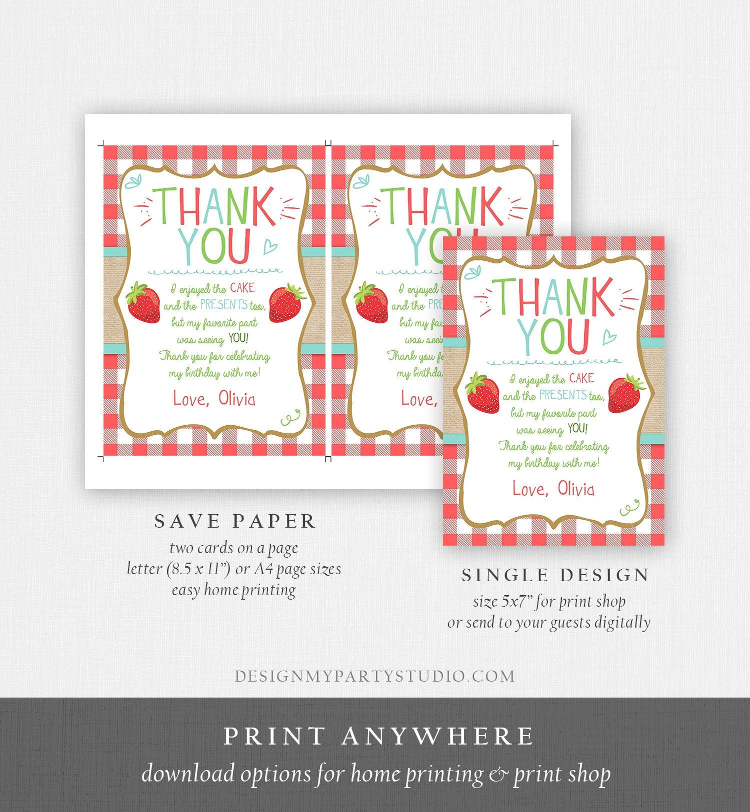 Editable Strawberry Thank You Card Birthday Strawberry Birthday Farmers Market Girl Berry Sweet Download Printable Template Corjl 0091