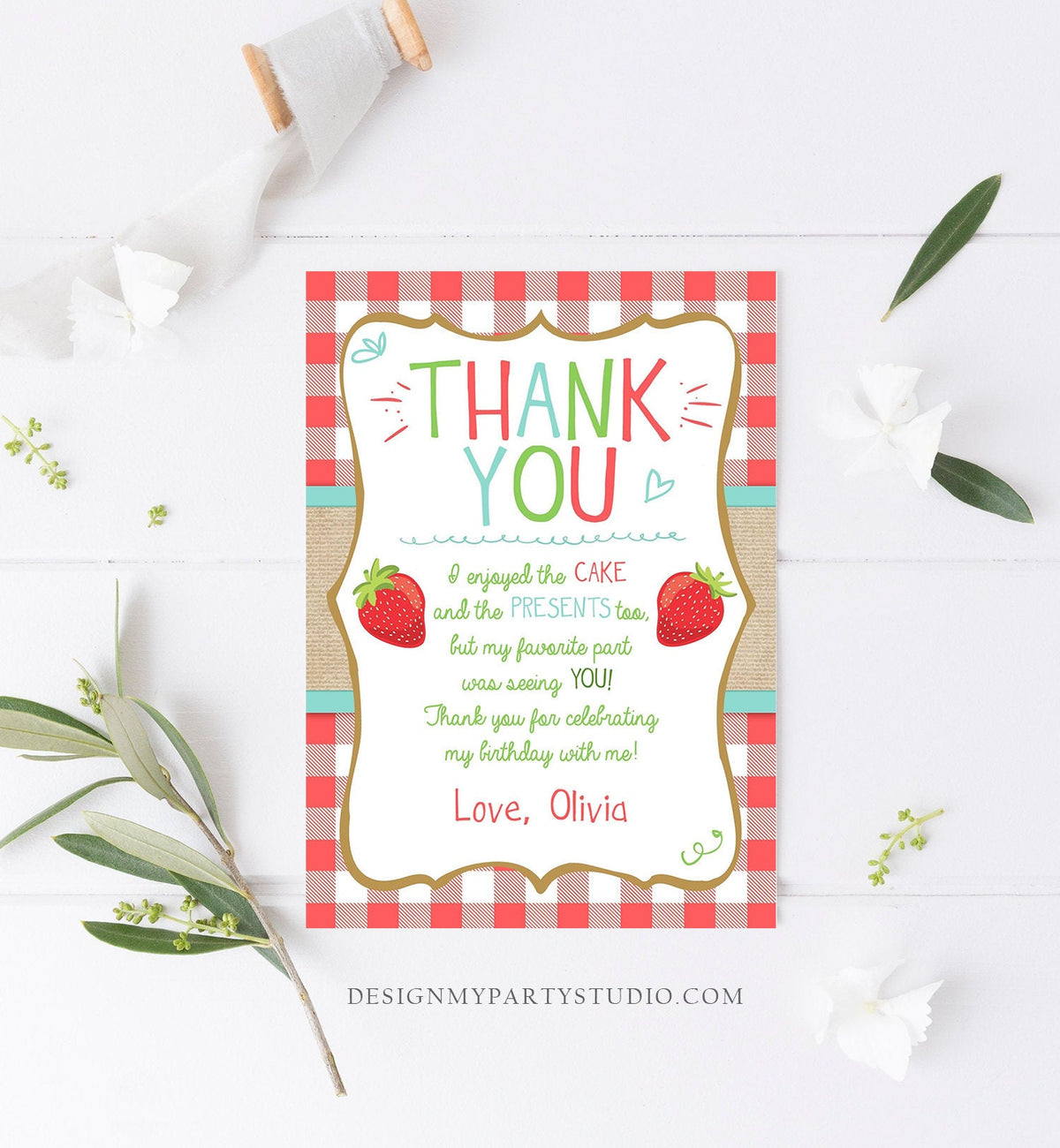 Editable Strawberry Thank You Card Birthday Strawberry Birthday Farmers Market Girl Berry Sweet Download Printable Template Corjl 0091