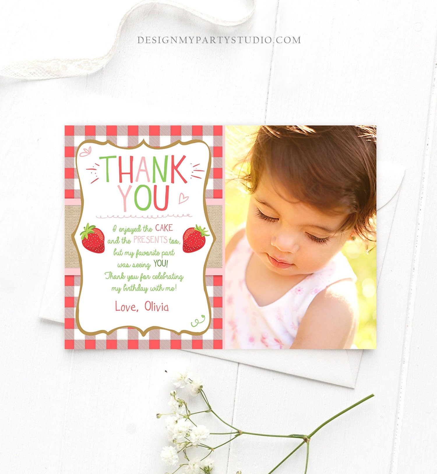 Editable Strawberry Thank You Card Birthday Strawberry First Birthday Girl Farmers Market Berry Sweet Download Printable Template Corjl 0091