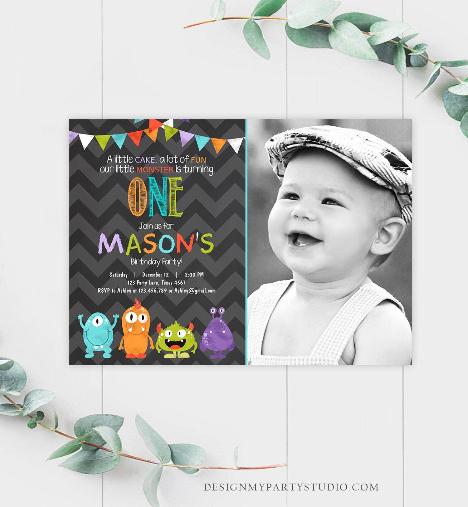 Editable Little Monster Birthday Invitation Boy First Birthday Party 1st Monsters Monster Bash Digital Template Evite Printable 0058