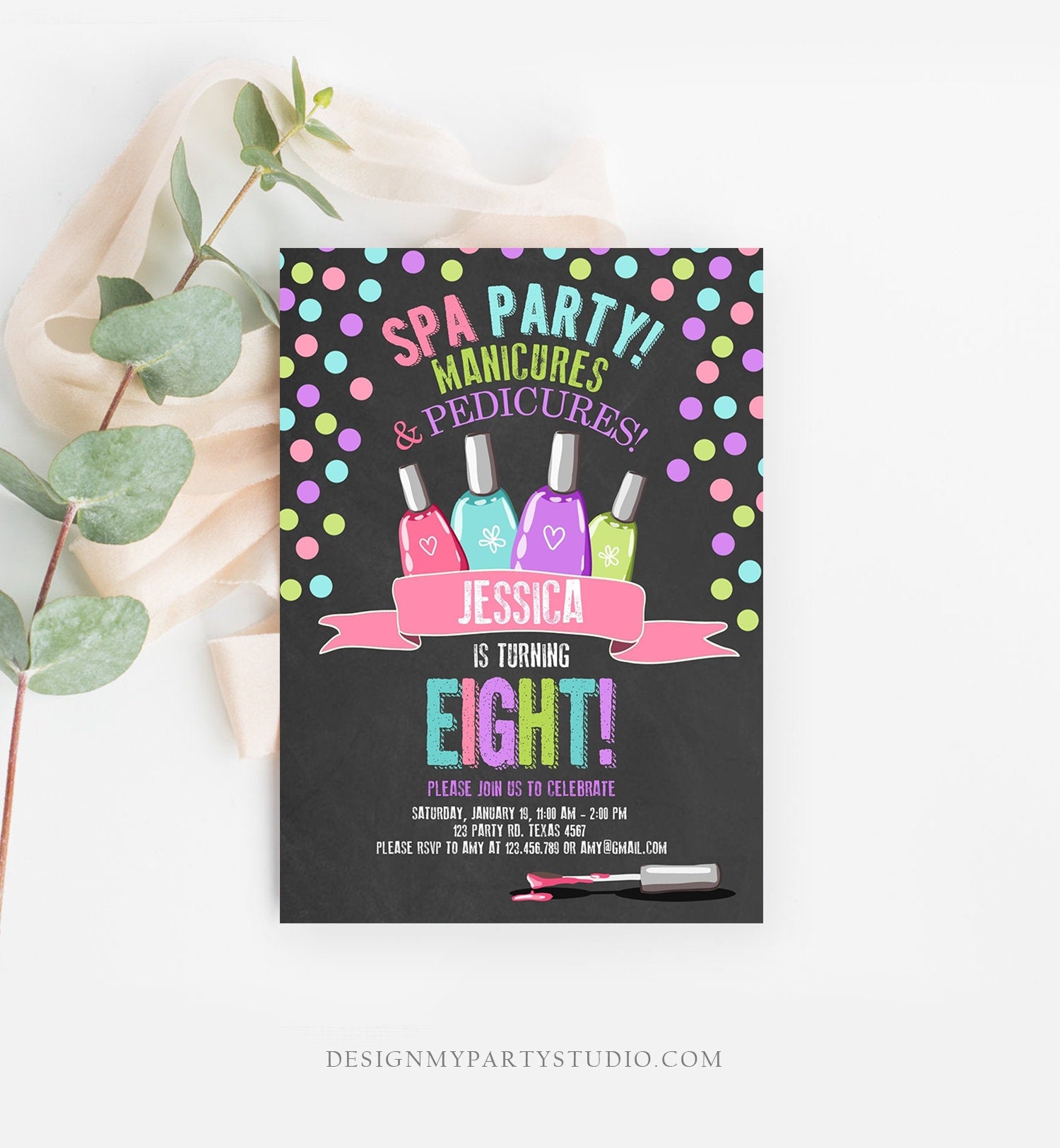 Editable Spa Birthday Invitation Manicures Pedicure Nail Salon Party Pink Purple Girl Digital Download Corjl Template Printable 0210