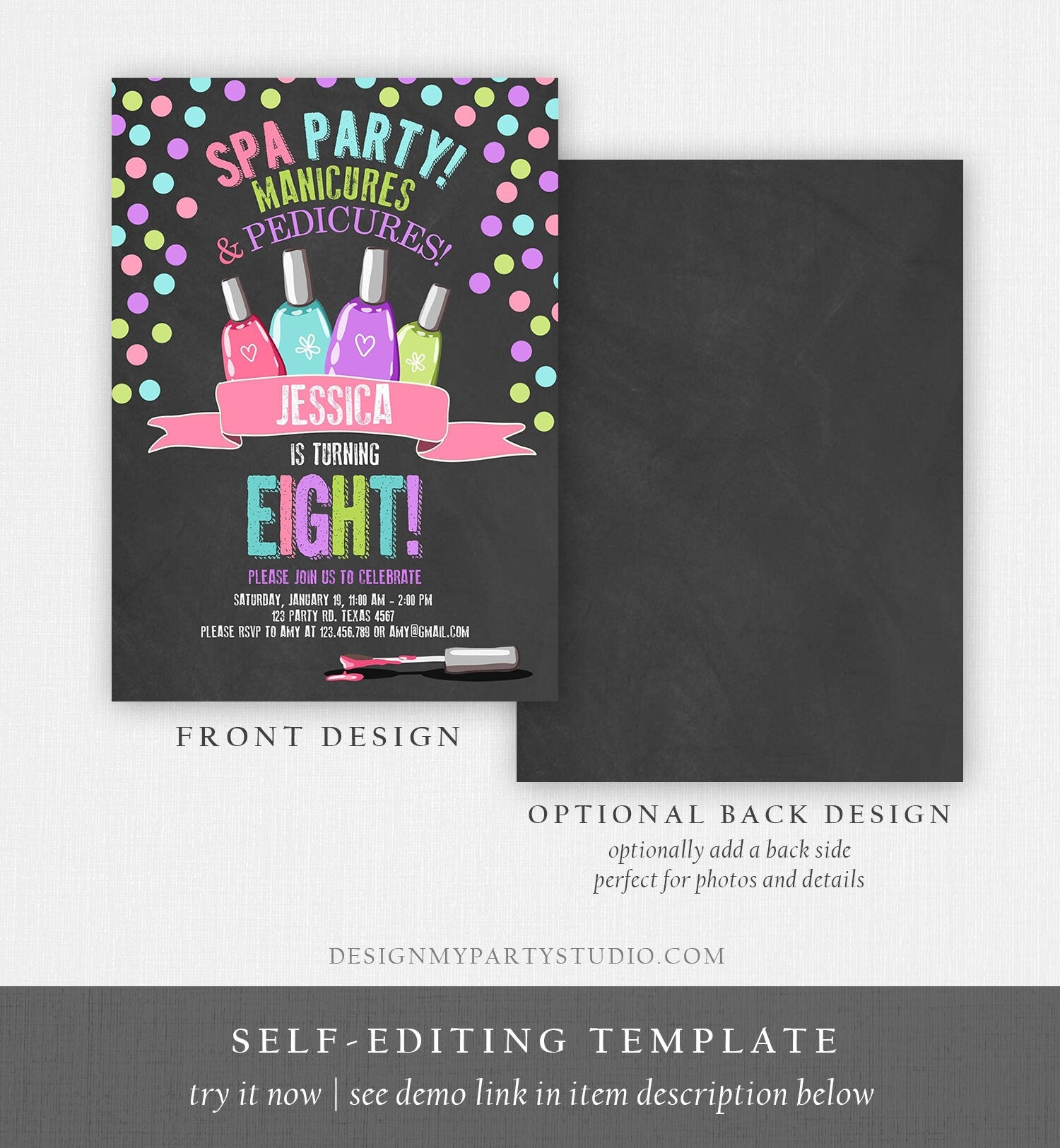 Editable Spa Birthday Invitation Manicures Pedicure Nail Salon Party Pink Purple Girl Digital Download Corjl Template Printable 0210