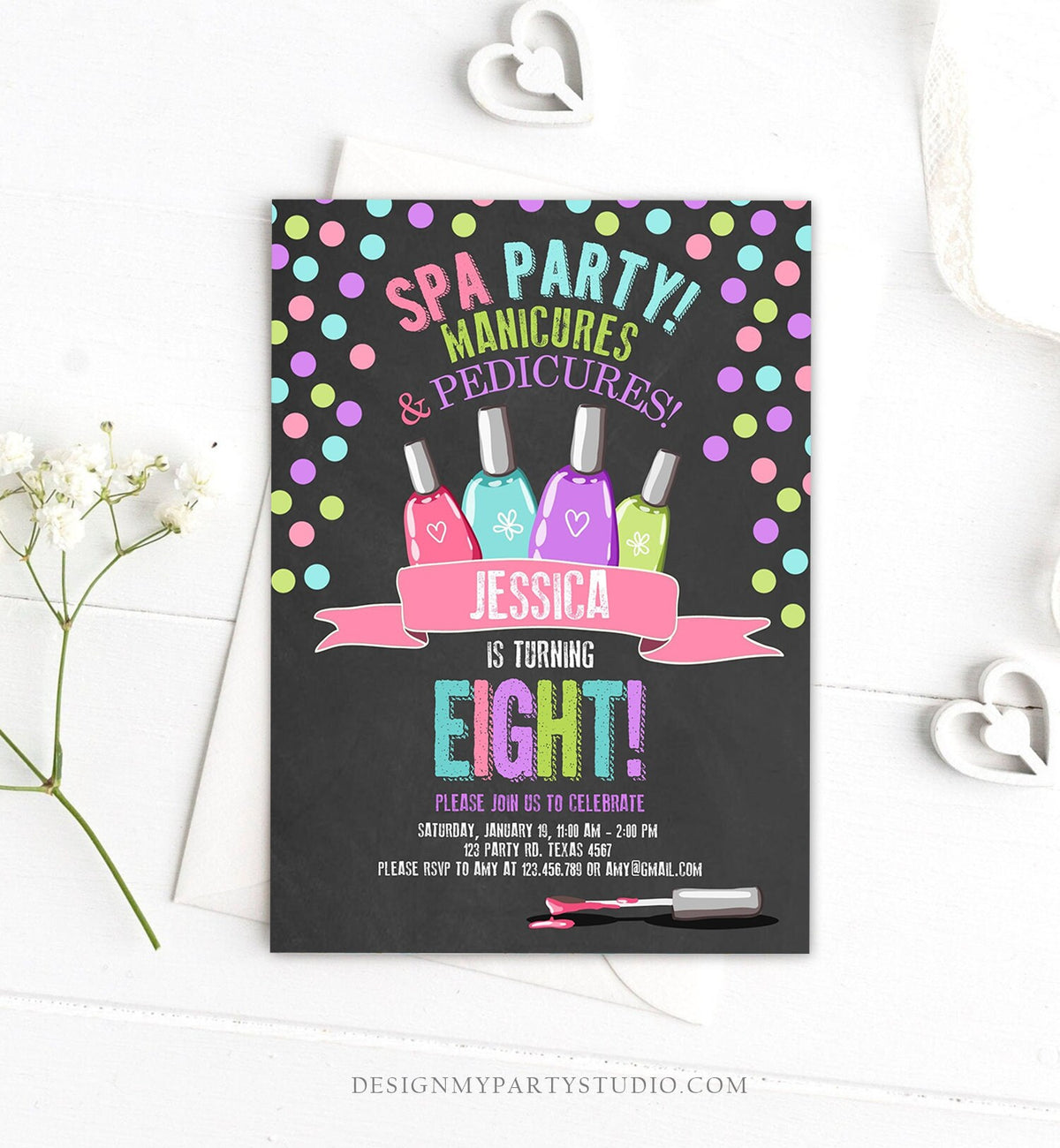 Editable Spa Birthday Invitation Manicures Pedicure Nail Salon Party Pink Purple Girl Digital Download Corjl Template Printable 0210