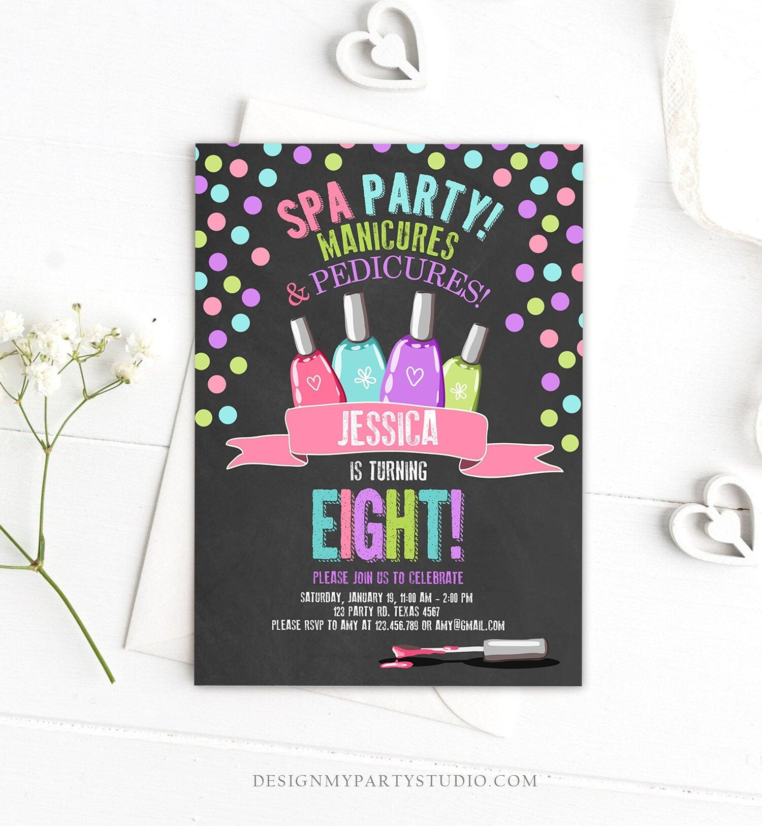 Editable Spa Birthday Invitation Manicures Pedicure Nail Salon Party Pink Purple Girl Digital Download Corjl Template Printable 0210