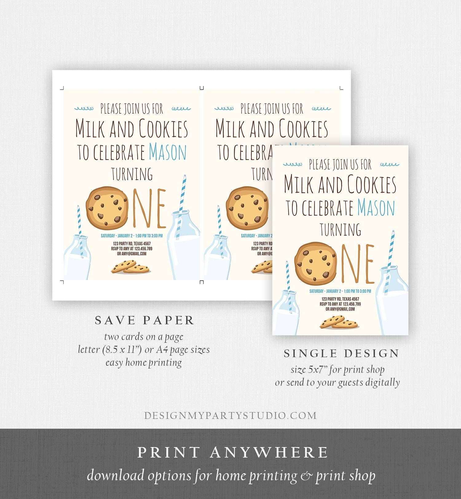 Editable Milk and Cookies Birthday Invitation Milk & Cookies Party Boy Birthday Blue First Birthday Printable Invitation Template Corjl 0088