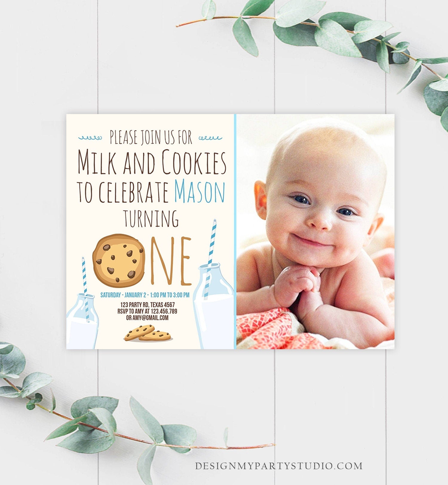 Editable Milk and Cookies Birthday Invitation Milk & Cookies Party Boy Birthday Blue First Birthday Printable Invitation Template Corjl 0088