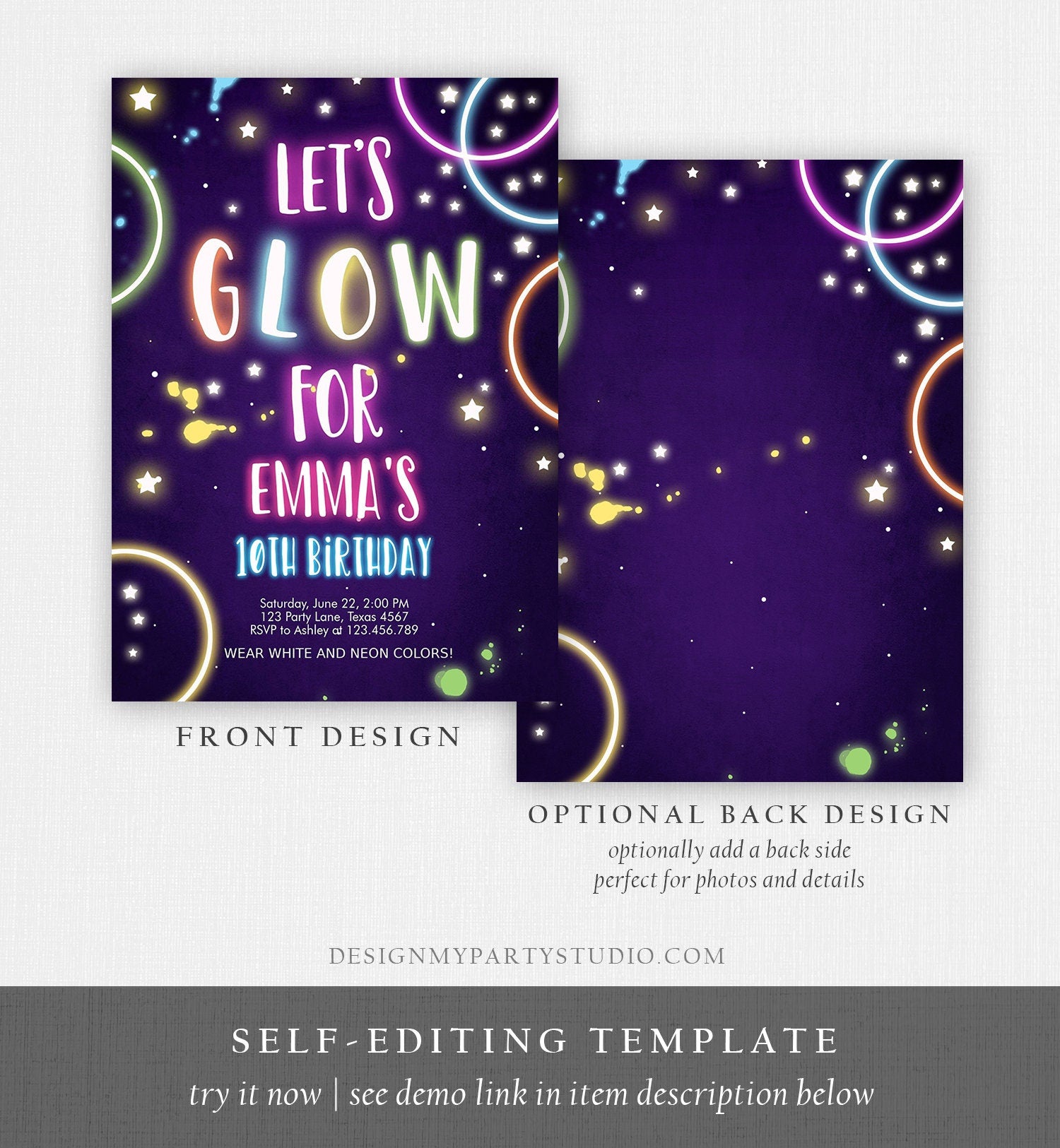 Editable Glow Birthday Invitation Glow Party Invite Neon Glow In The Dark Girls Teen Pink Digital Download Evite Template Printable 0172