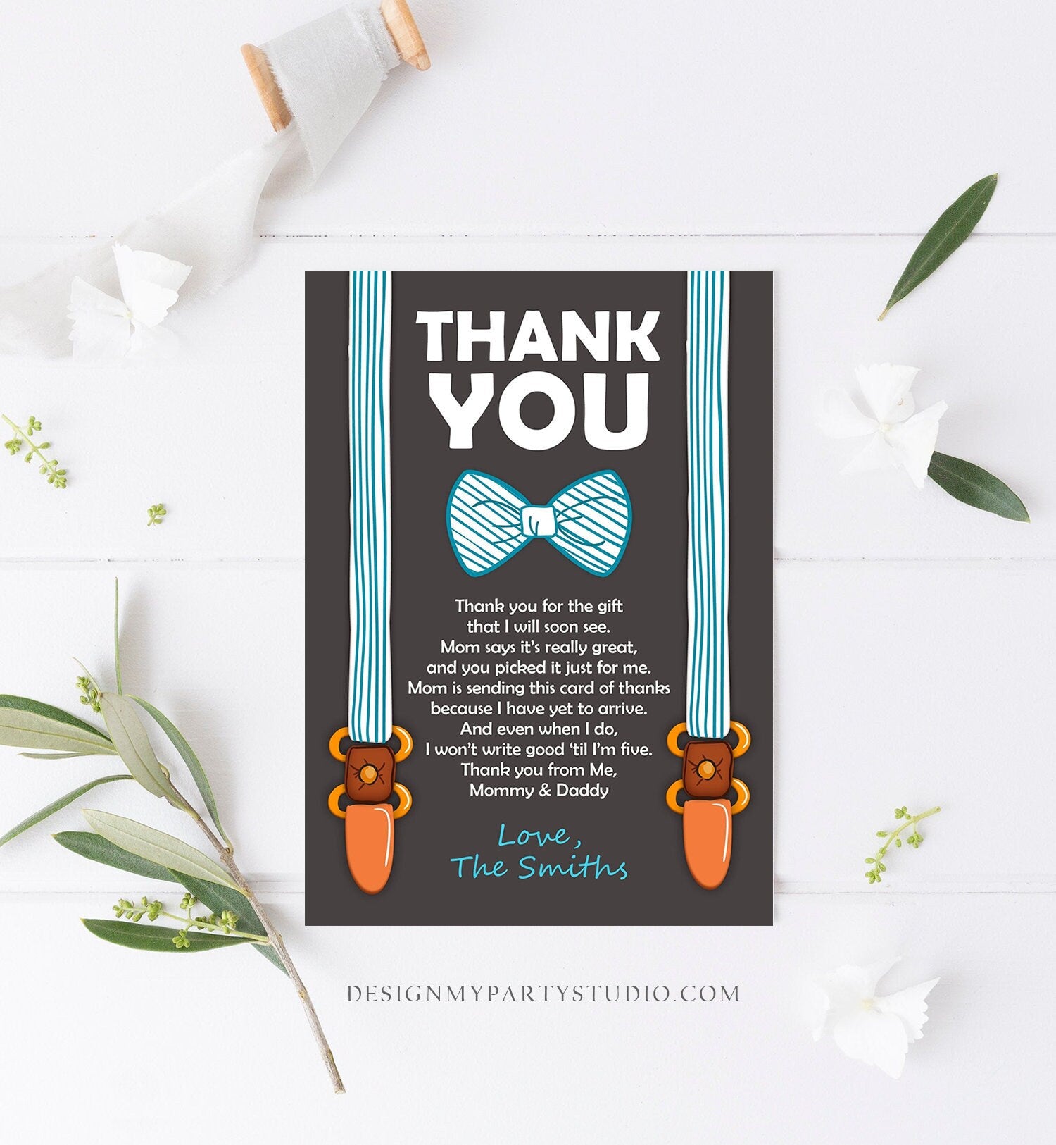 Editable Thank You Card Little Man Baby shower Thank you note Bow Tie Cute Blue Boy Suspenders Thank you card Template Download Corjl 0063