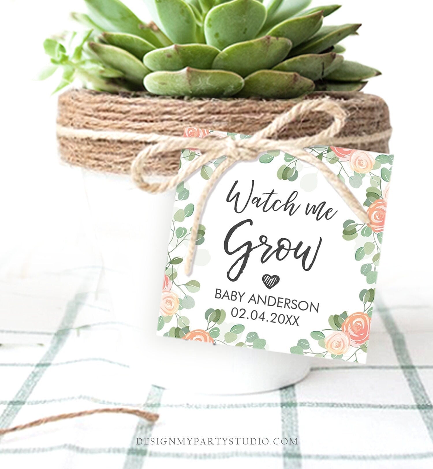 Editable Watch Me Grow Tags Baby Shower Favor Tags Plant Tags Cactus Succulent Thank You Tag Download Corjl Template Printable 0029