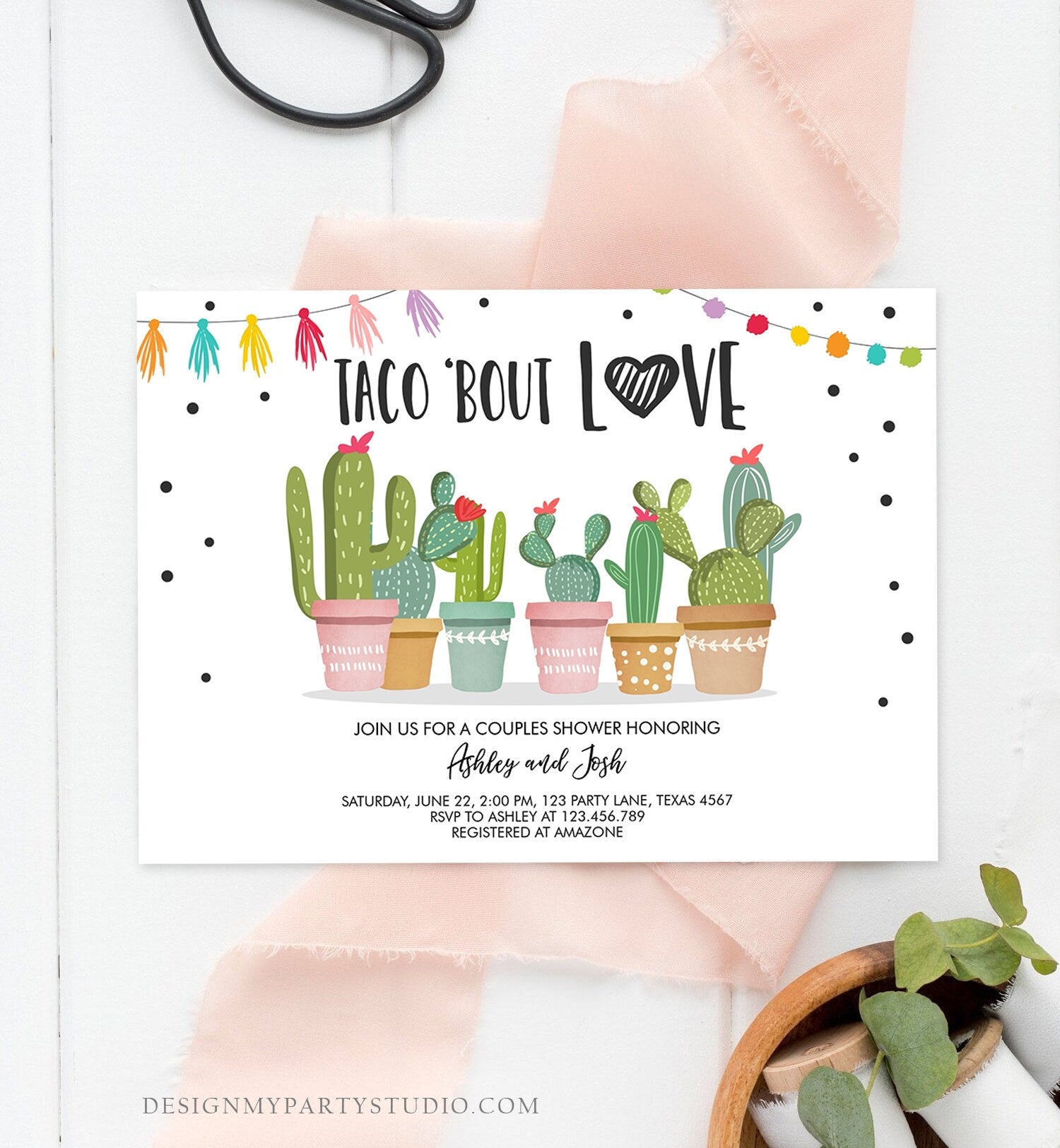 Editable Taco Bout Love Couples Shower Invitation Fiesta Cactus Succulent Mexican Green Pink Digital Download Corjl Template Printable 0254