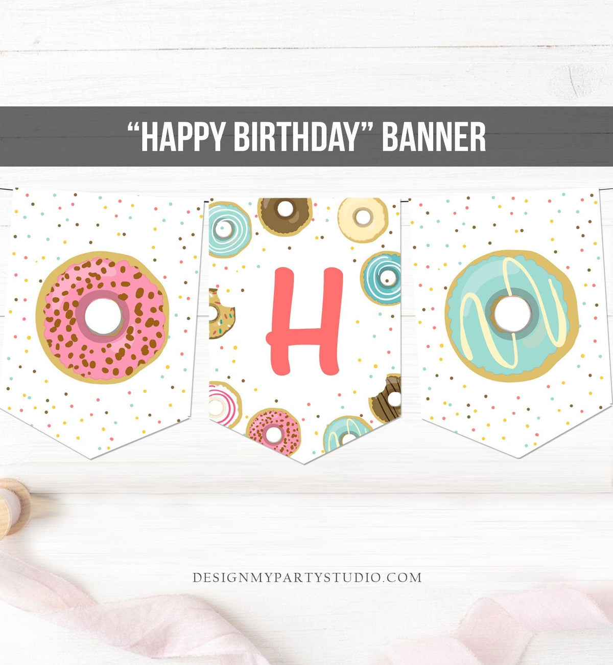 Happy Birthday Banner Donut Birthday Banner Girl Pink Donut Party Birthday Doughnut Decoration Instant Download PRINTABLE DIGITAL DIY 0050