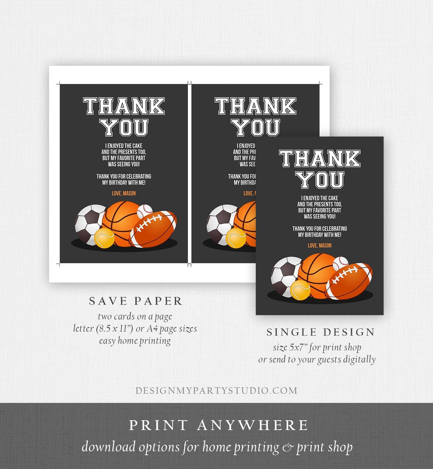 Editable Sports Thank you Card Sports Birthday Boy Sport Thank you Note Baseball Baby Shower Template Instant Download Corjl 0137