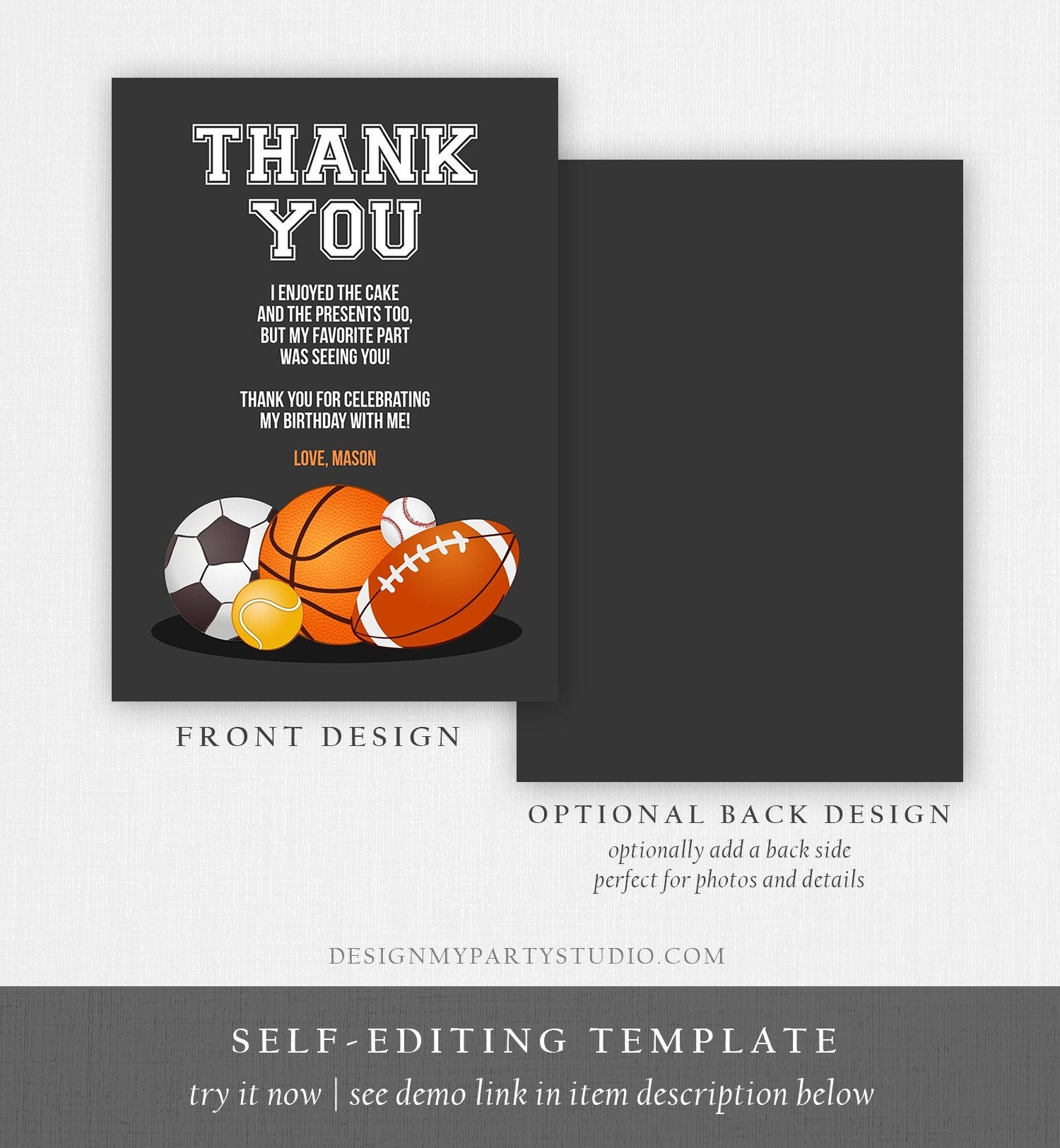 Editable Sports Thank you Card Sports Birthday Boy Sport Thank you Note Baseball Baby Shower Template Instant Download Corjl 0137