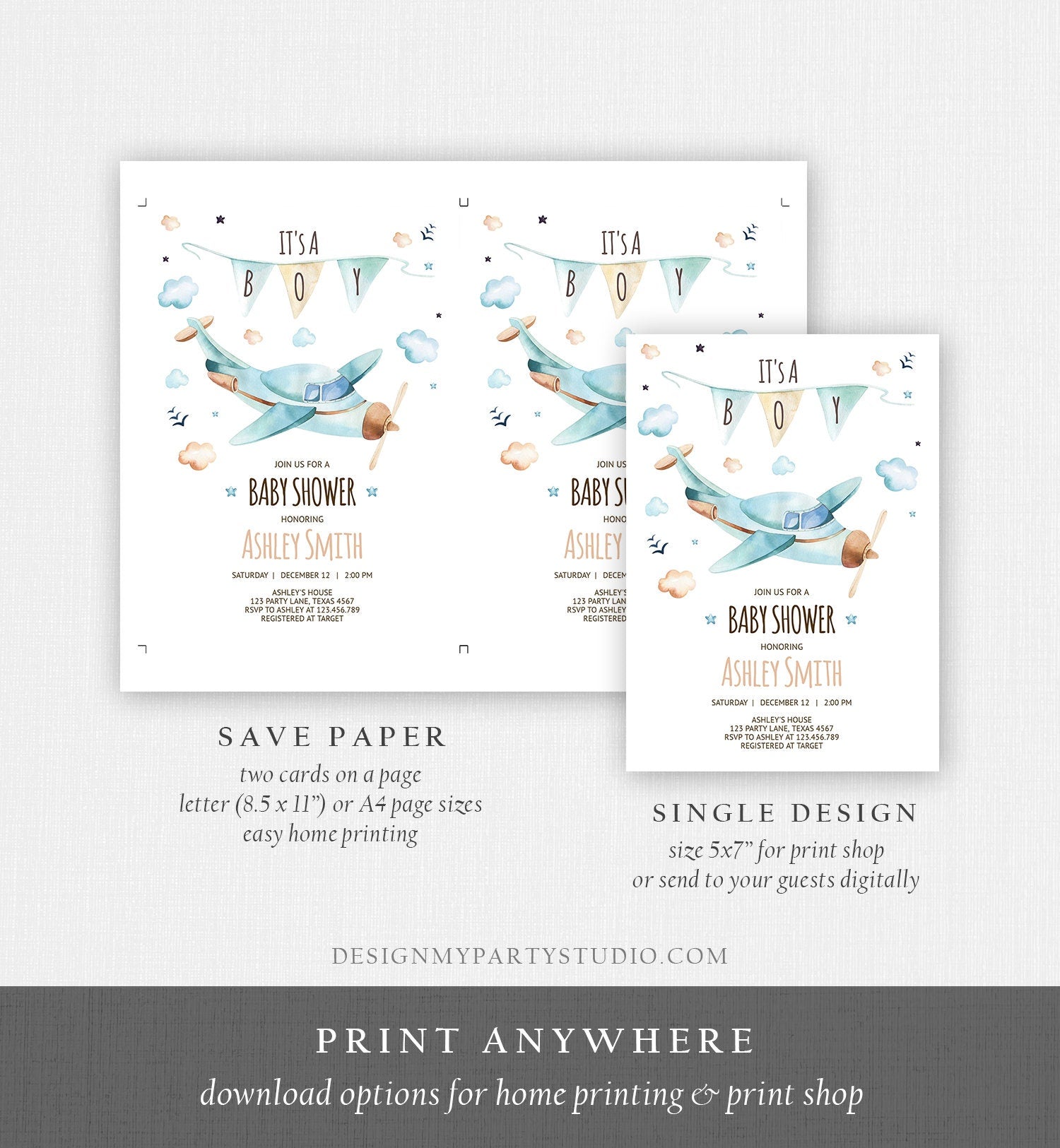 Editable Airplane Baby Shower Invitation Vintage Airplane Blue Adventure Boy Baby Shower Up Up and Away Template Digital Download Corjl 0185