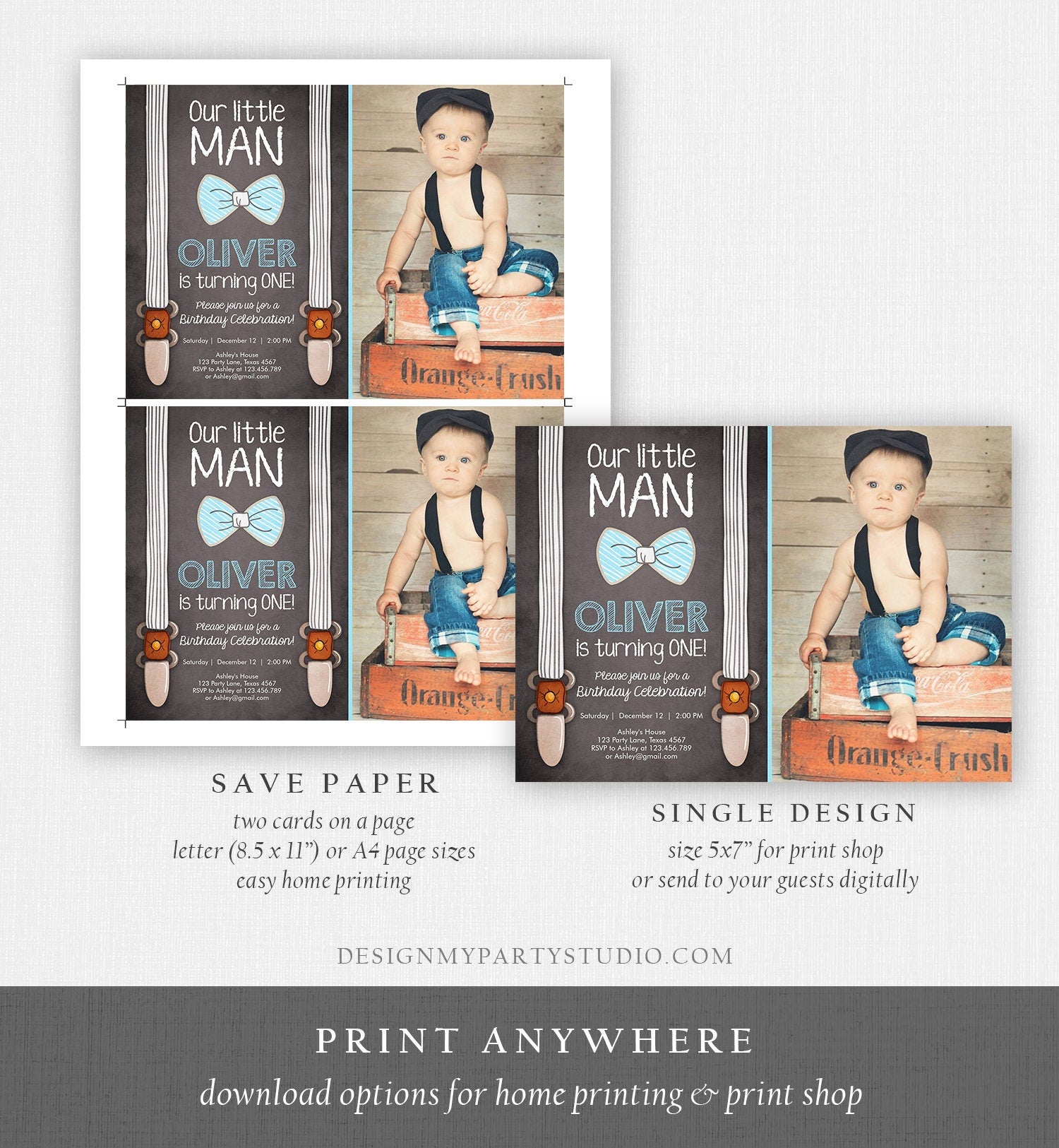 Editable Little Man Birthday Invitation Bow Tie Blue Boy 1st Birthday Suspenders Rustic Instant Download Printable Template Corjl 0063