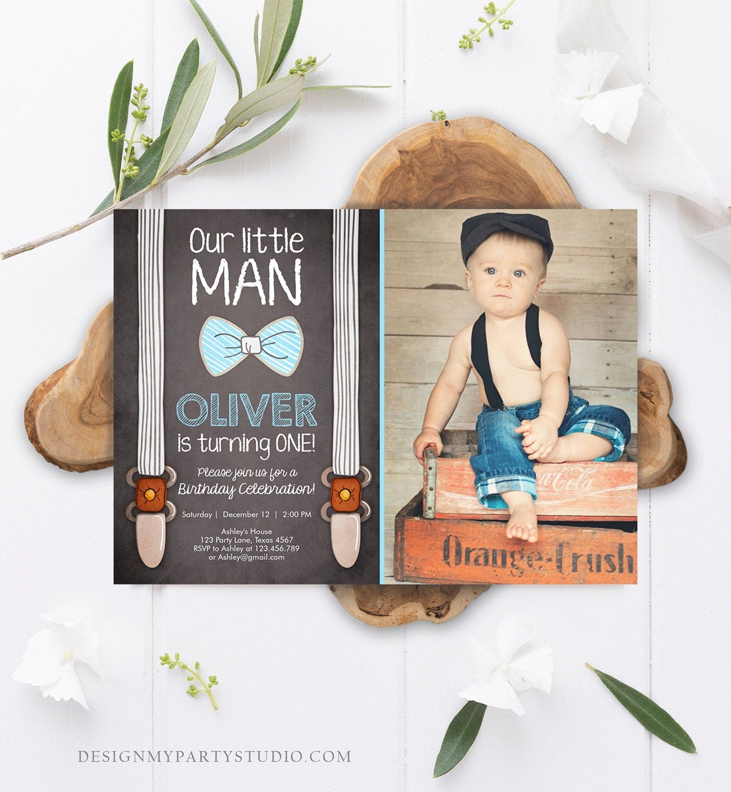 Editable Little Man Birthday Invitation Bow Tie Blue Boy 1st Birthday Suspenders Rustic Instant Download Printable Template Corjl 0063