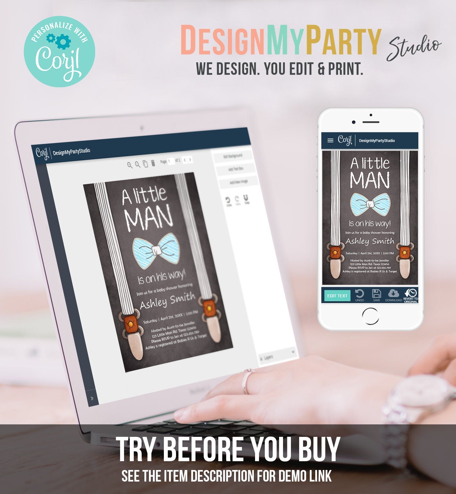 Editable Baby Shower Invitation Boy Little Man Baby Shower Bow Tie Blue Brown Instant Download Printable Template Corjl Digital 0063