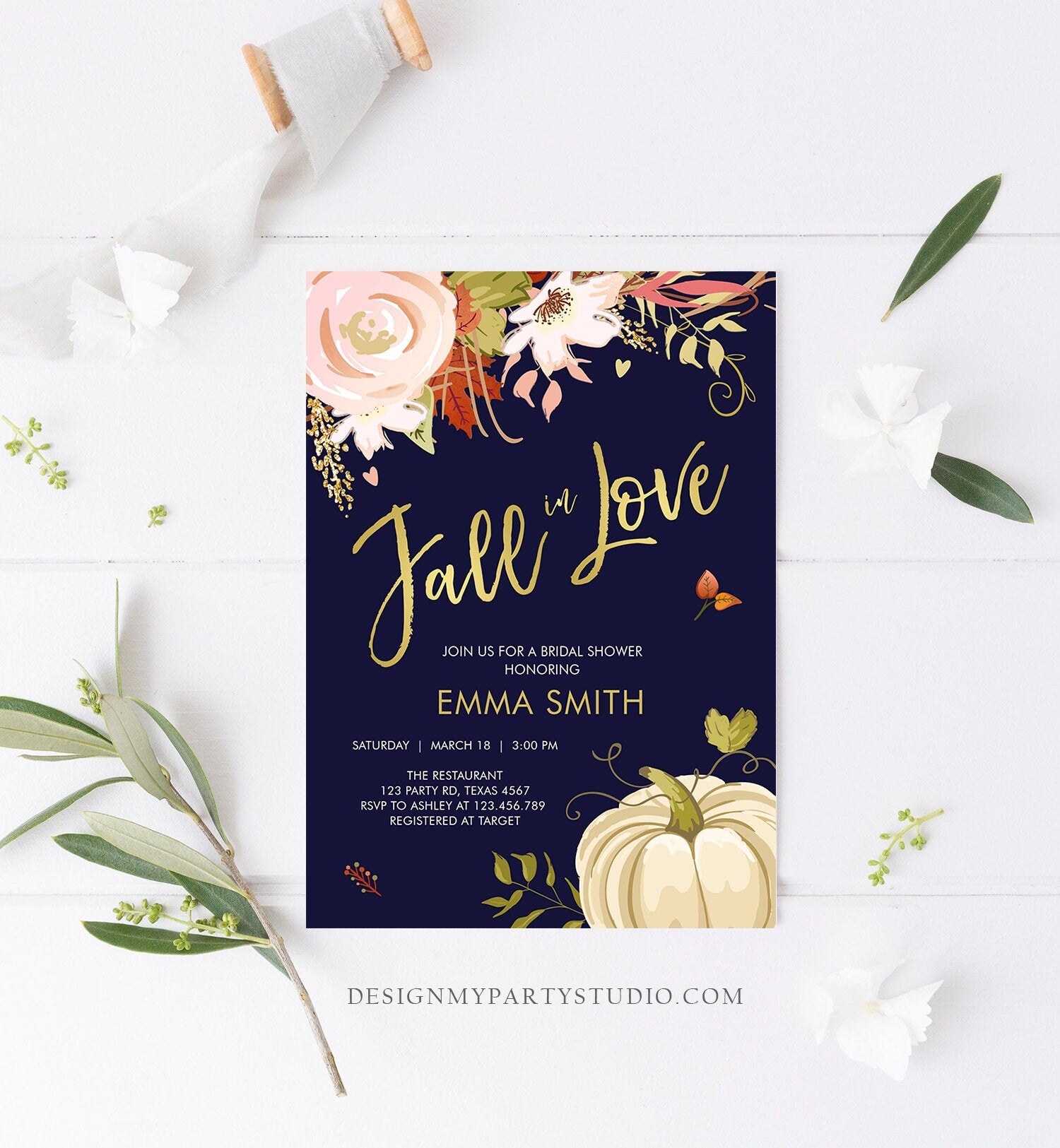 Editable Fall in Love Bridal Shower Invitation Pumpkin Autumn Floral Flowers Pink Gold Rustic Party Engagement Navy Blue Corjl Template 0176