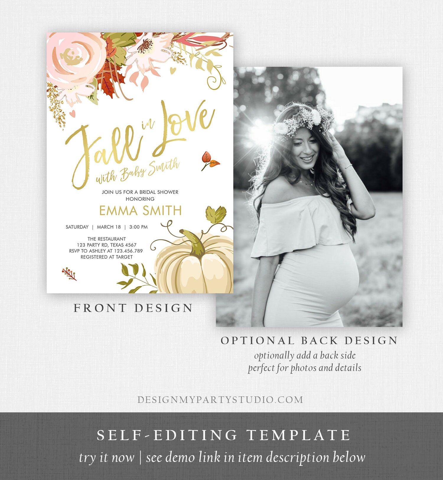 Editable Fall in Love Baby Shower Invitation Pumpkin Autumn Floral Flowers Pink Gold Rustic Party Sprinkle Coed Navy Corjl Template 0176