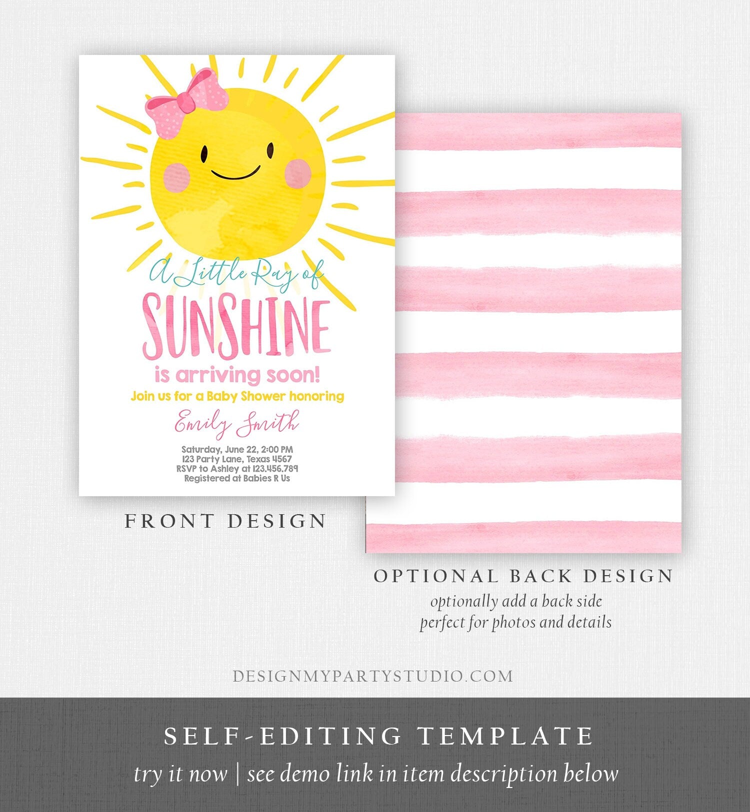 Editable A Ray of Sunshine Baby Shower Invitation Little Sunshine Pink Girl Bow Baby Girl Download Digital Corjl Template Printable 0141