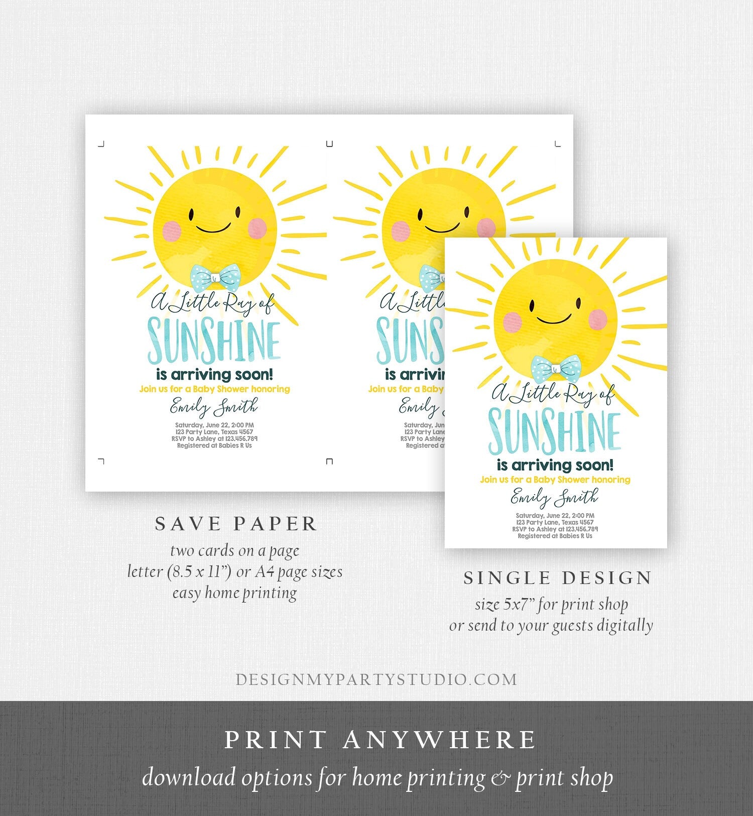 Editable A Little Ray of Sunshine Baby Shower Invitation Blue Yellow Boy Sunshine Party Evite Digital Download Corjl Template Printable 0141