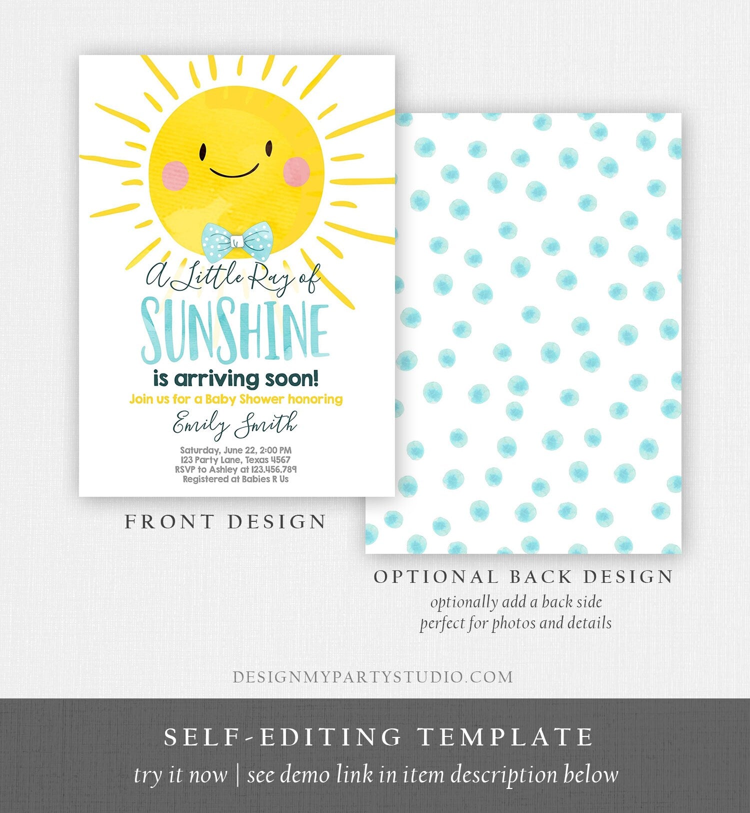 Editable A Little Ray of Sunshine Baby Shower Invitation Blue Yellow Boy Sunshine Party Evite Digital Download Corjl Template Printable 0141