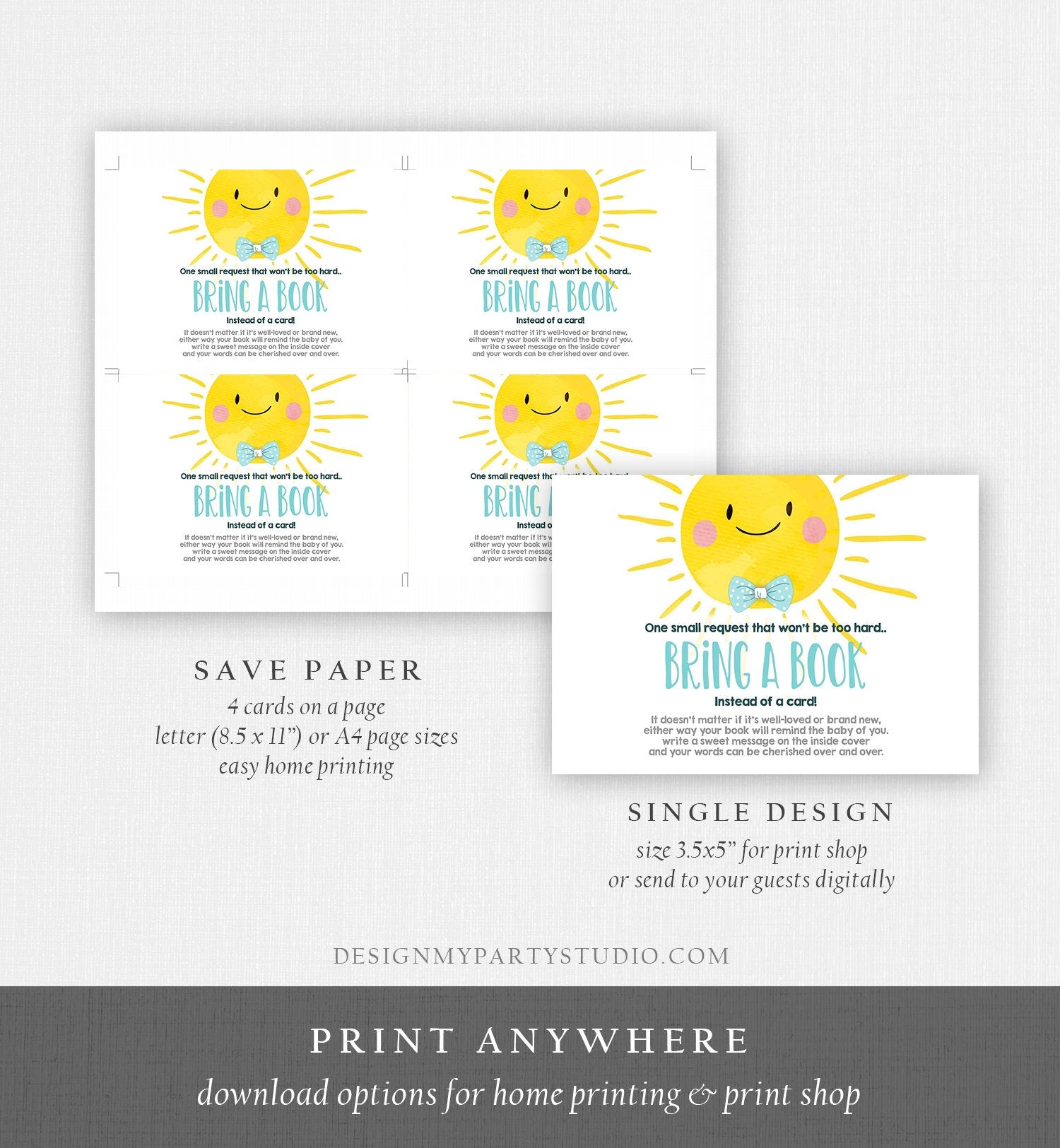 Editable Baby Shower Bring a Book Card A Ray Of Sunshine Little Sunshine Blue Books for Baby Book Request Corjl Template Printable 0141