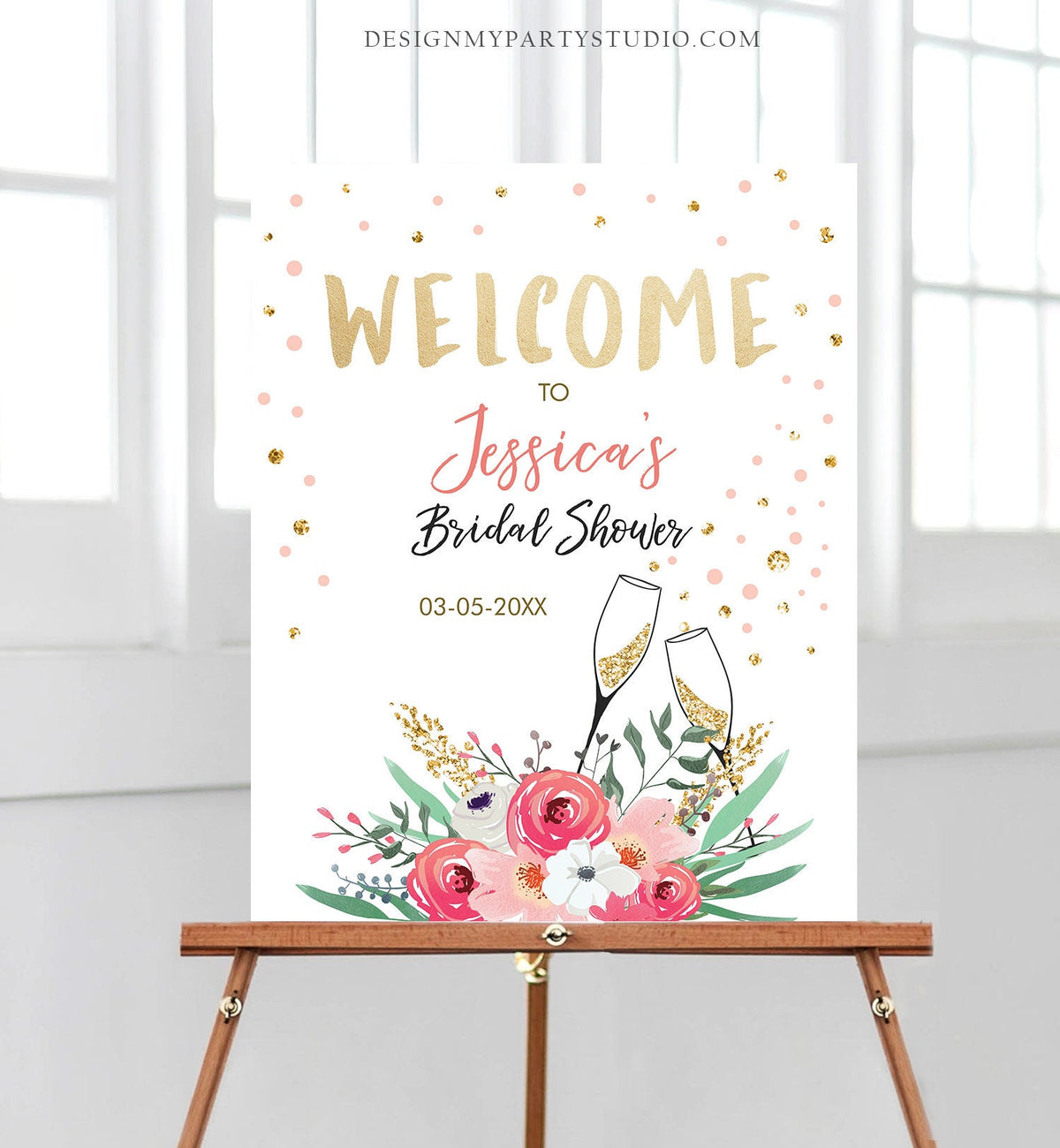 Editable Brunch and Bubbly Welcome Sign Bridal Shower Pink Floral Flowers Gold Confetti Champagne Download Corjl Template Printable 0318