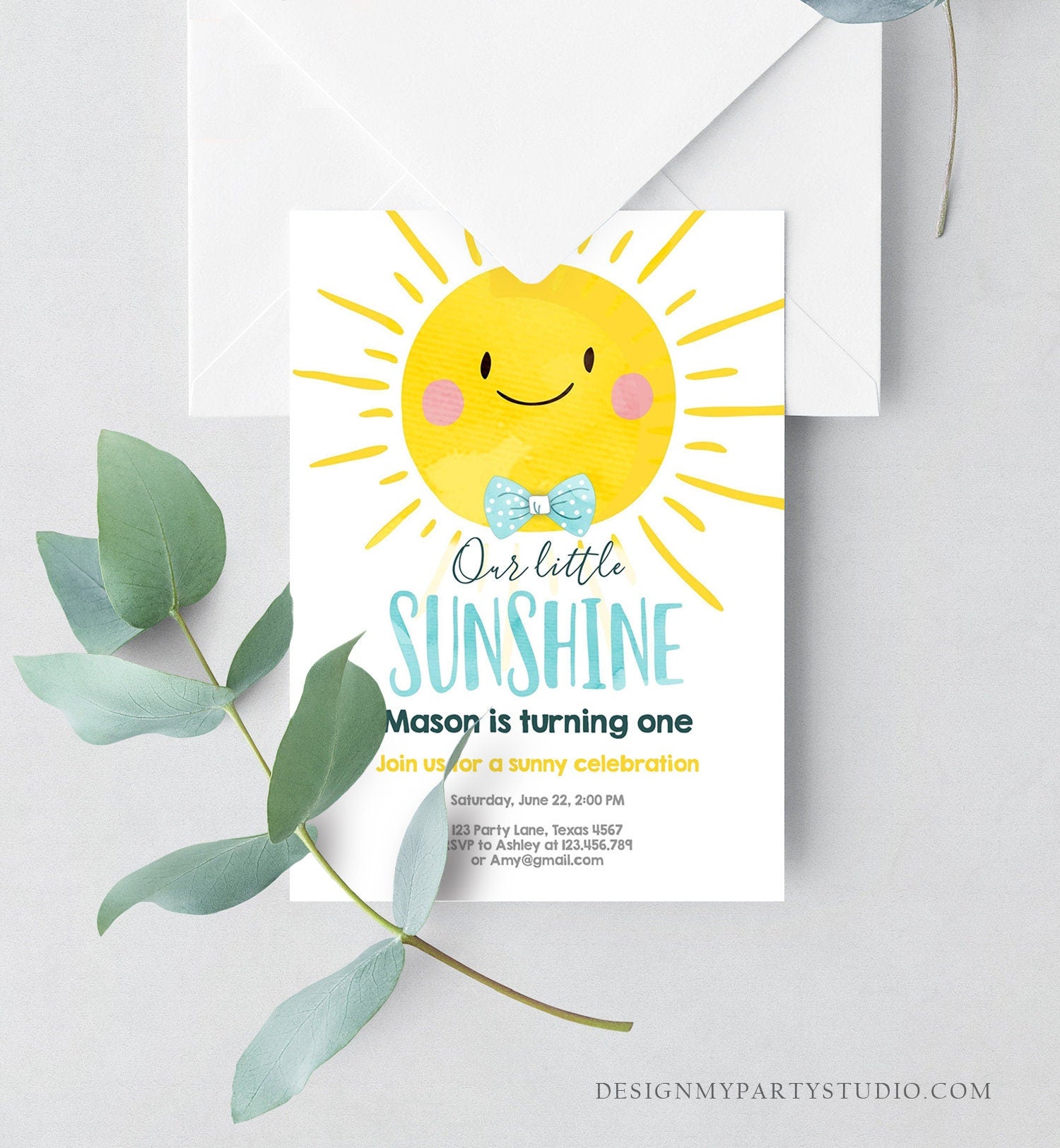 Editable Little Sunshine Birthday Invitation Summer Sunshine Party Boy First Birthday Blue Digital Download Evite Template Printable 0141