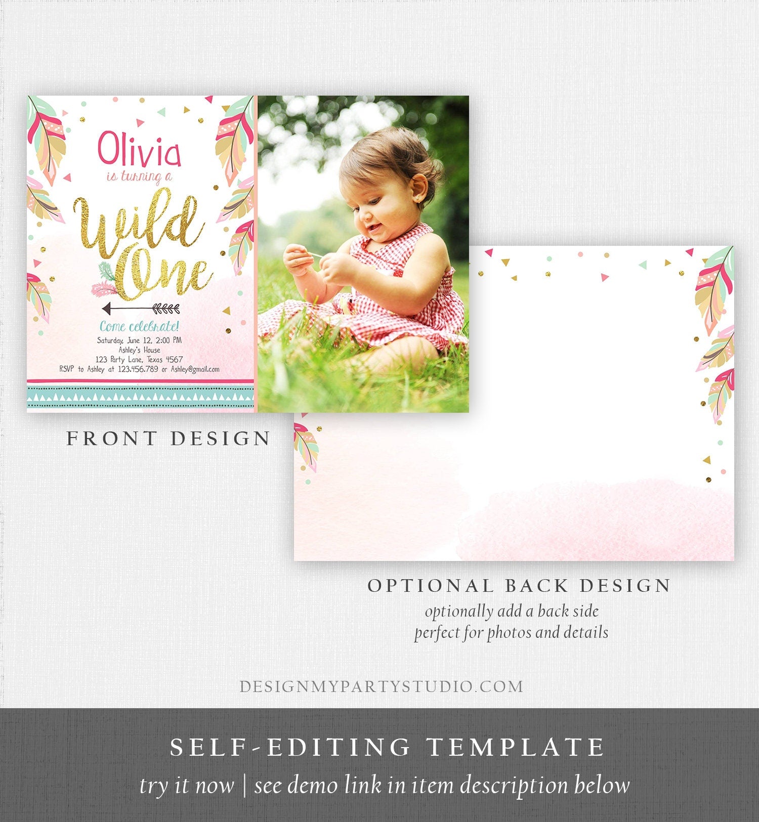 Editable Wild One Invitation Tribal Feathers Girl Pink Teal Gold First Birthday 1st Photo Boho Download Corjl Template Printable 0038