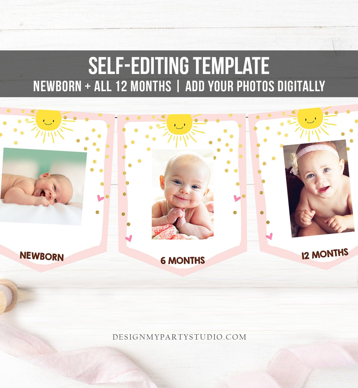 Editable Monthly Photo Banner First Birthday Sunshine Banner Little Sunshine Banner Gold Pink Girl Birthday Summer PRINTABLE Corjl 0070